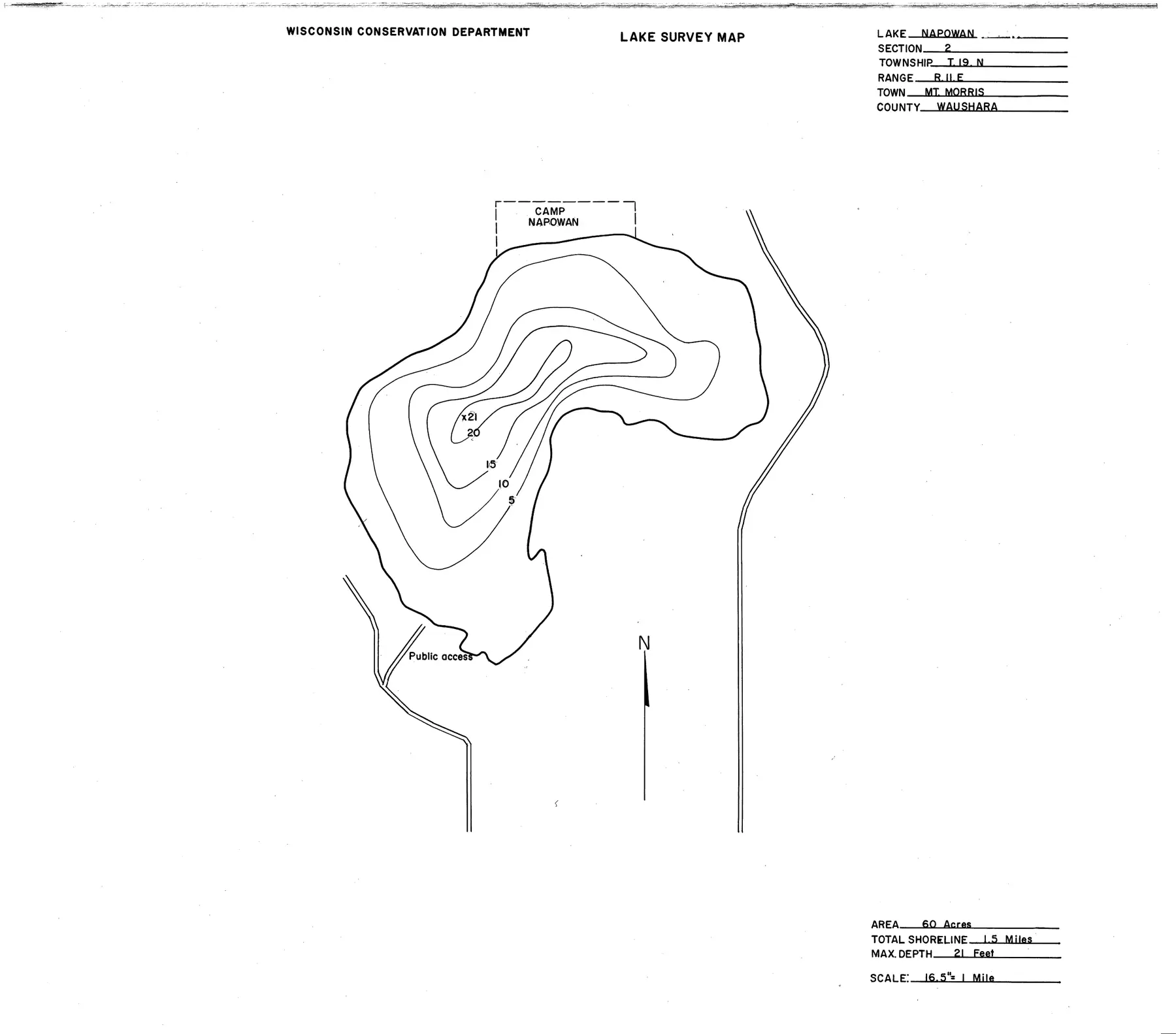 DNR survey map of Lake Napowan, with depths in feet. Tap to zoom.