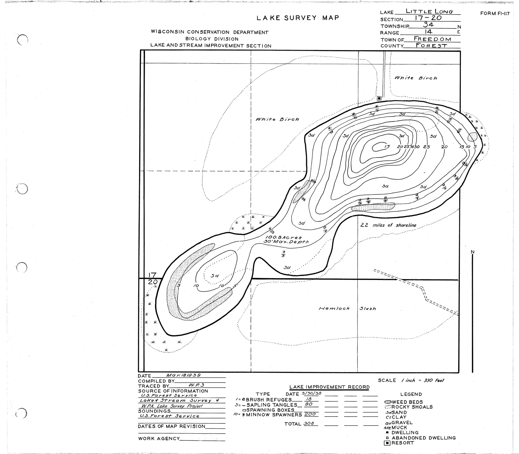 DNR survey map of Little Long Lake, with depths in feet. Tap to zoom.