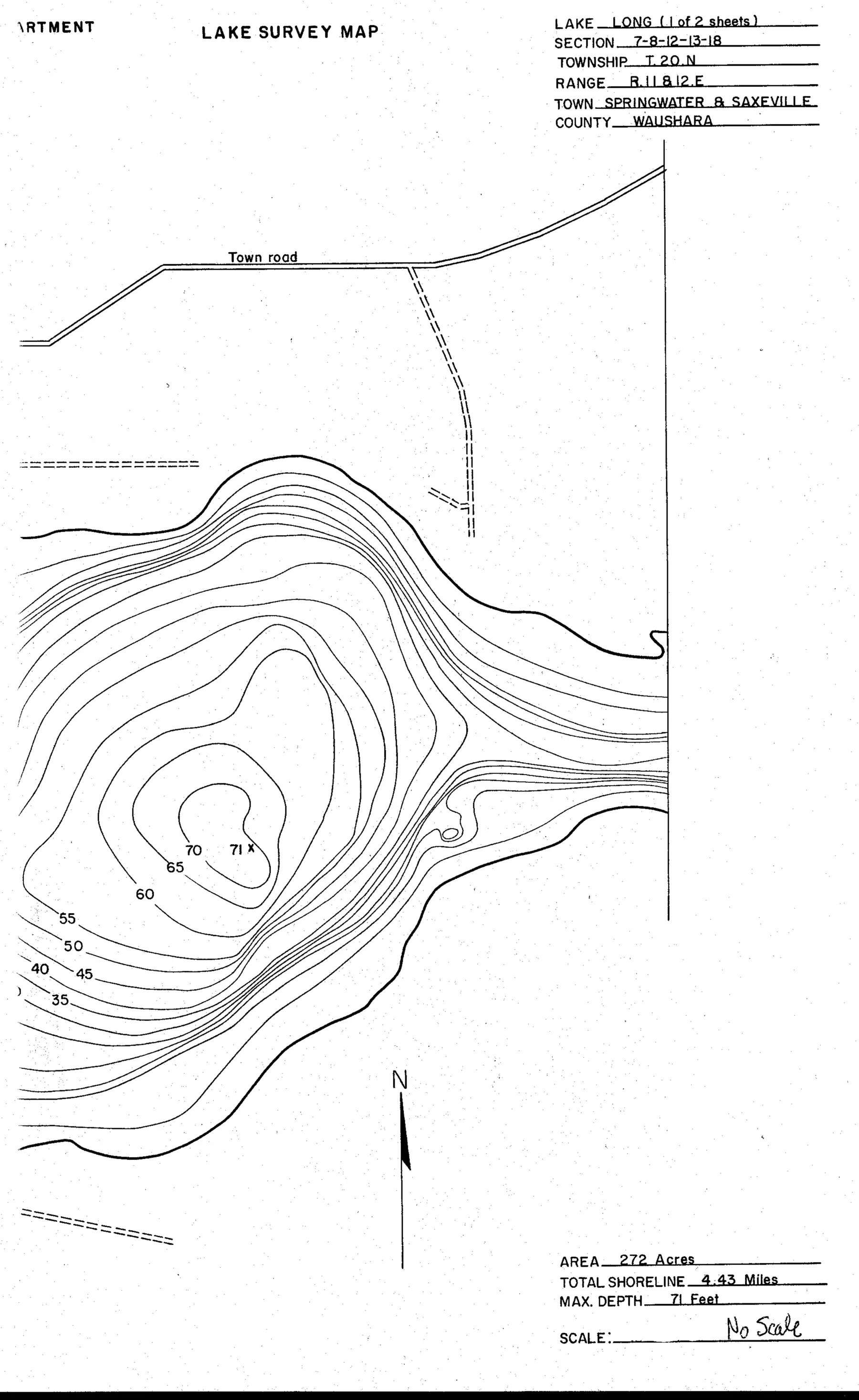 DNR survey map of Long Lake, sheet 1 of 4, with depths in feet. Tap to zoom.