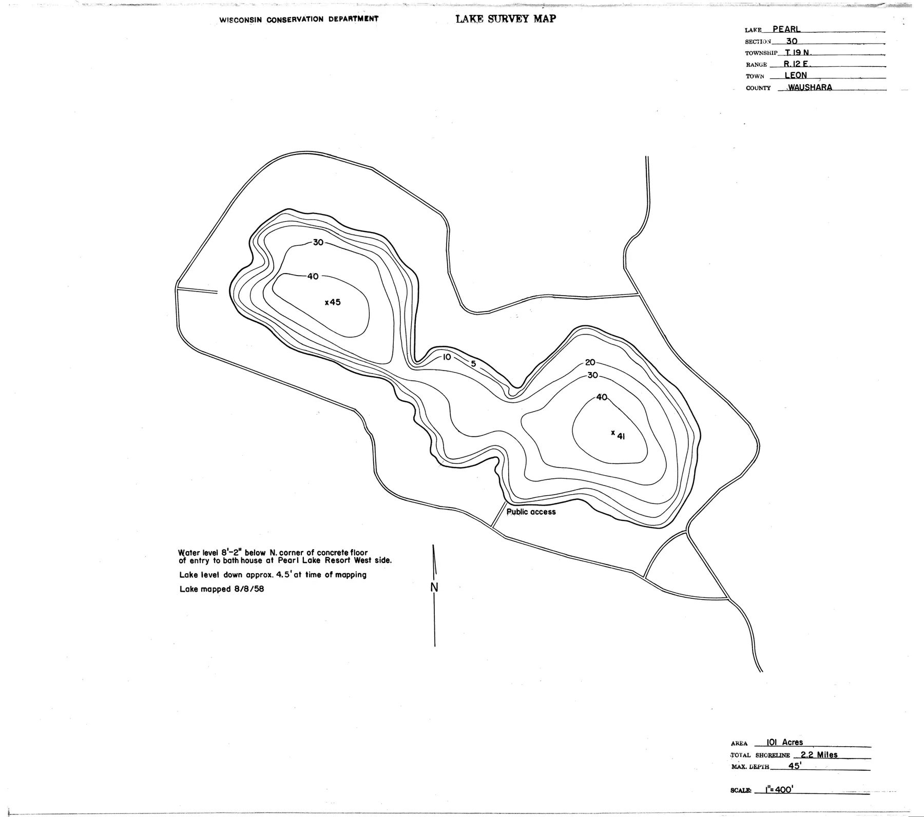 DNR survey map of Pearl Lake, with depths in feet. Tap to zoom.