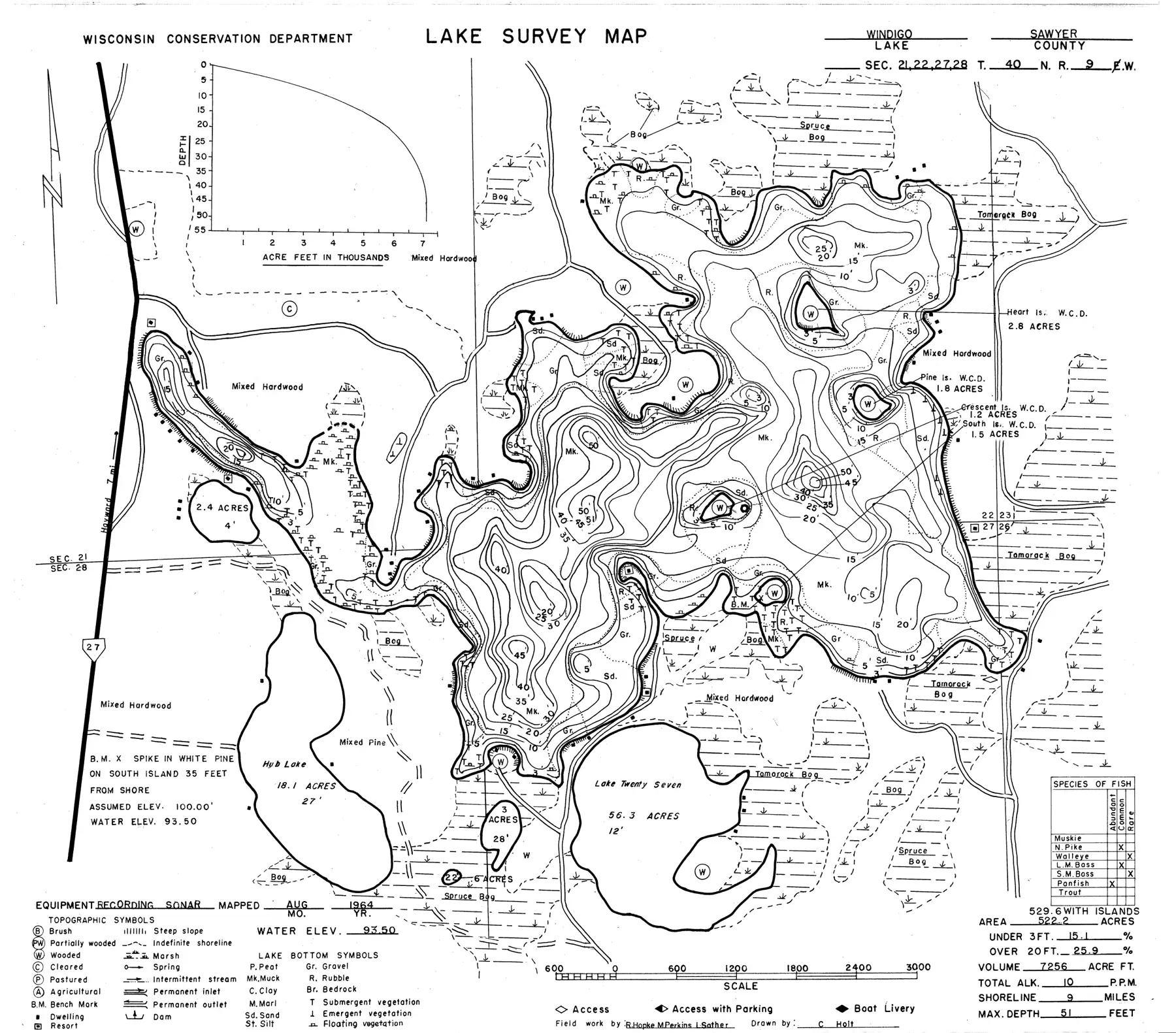 DNR survey map of Windigo Lake, with depths in feet. Tap to zoom.