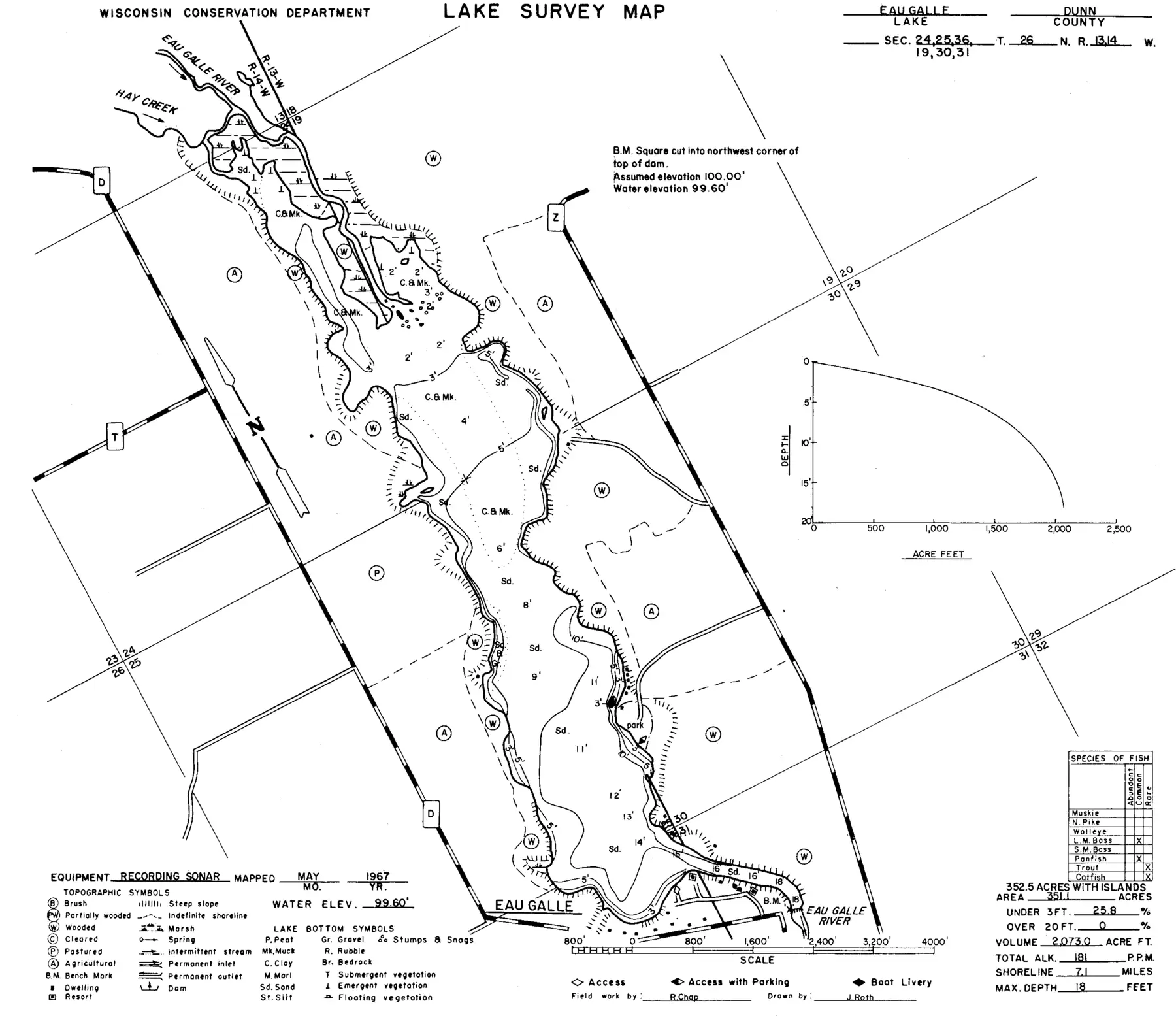 DNR survey map of Lake Eau Galle, with depths in feet. Tap to zoom.