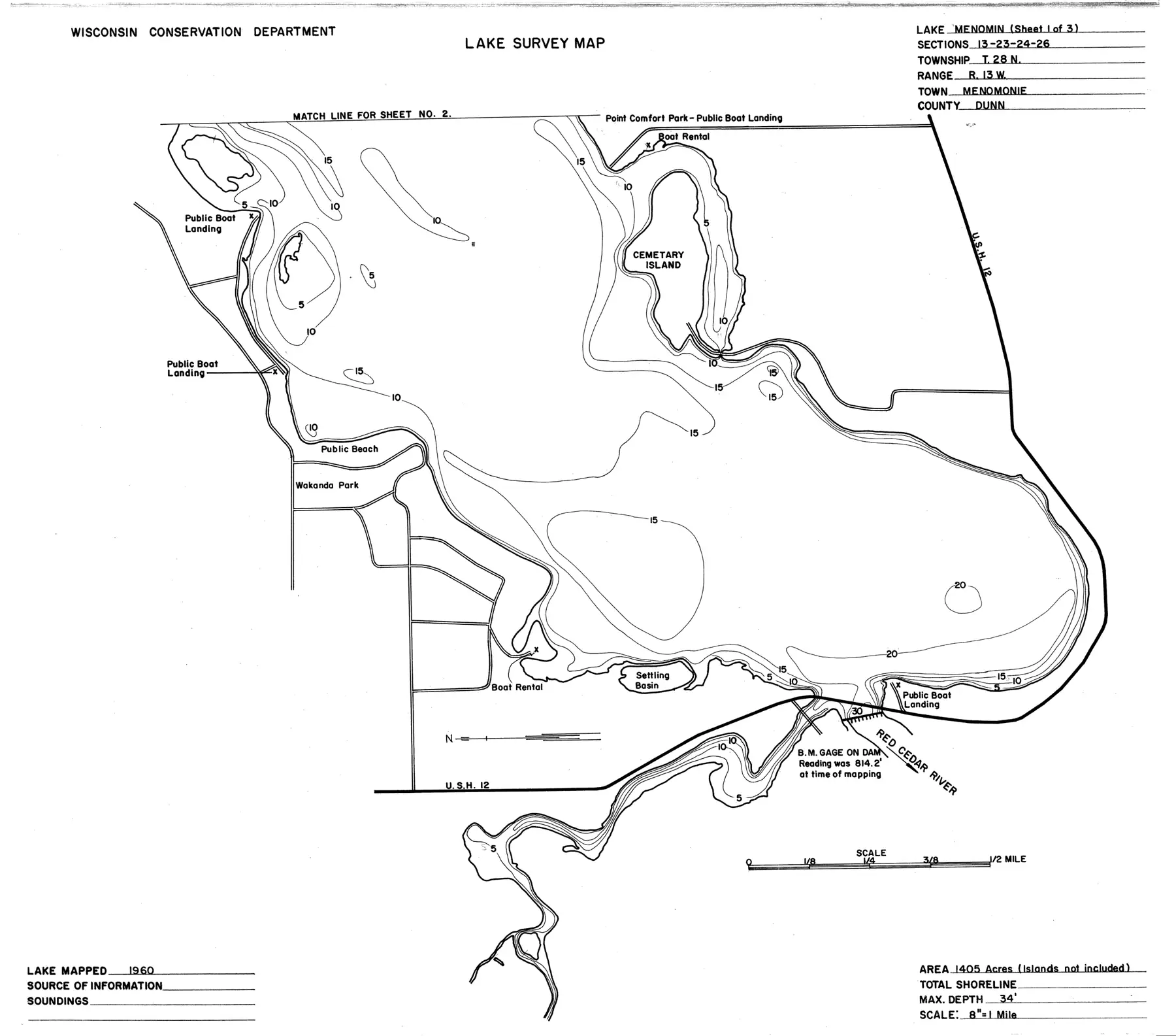 DNR survey map of Lake Menomin, sheet 1 of 3, with depths in feet. Tap to zoom.