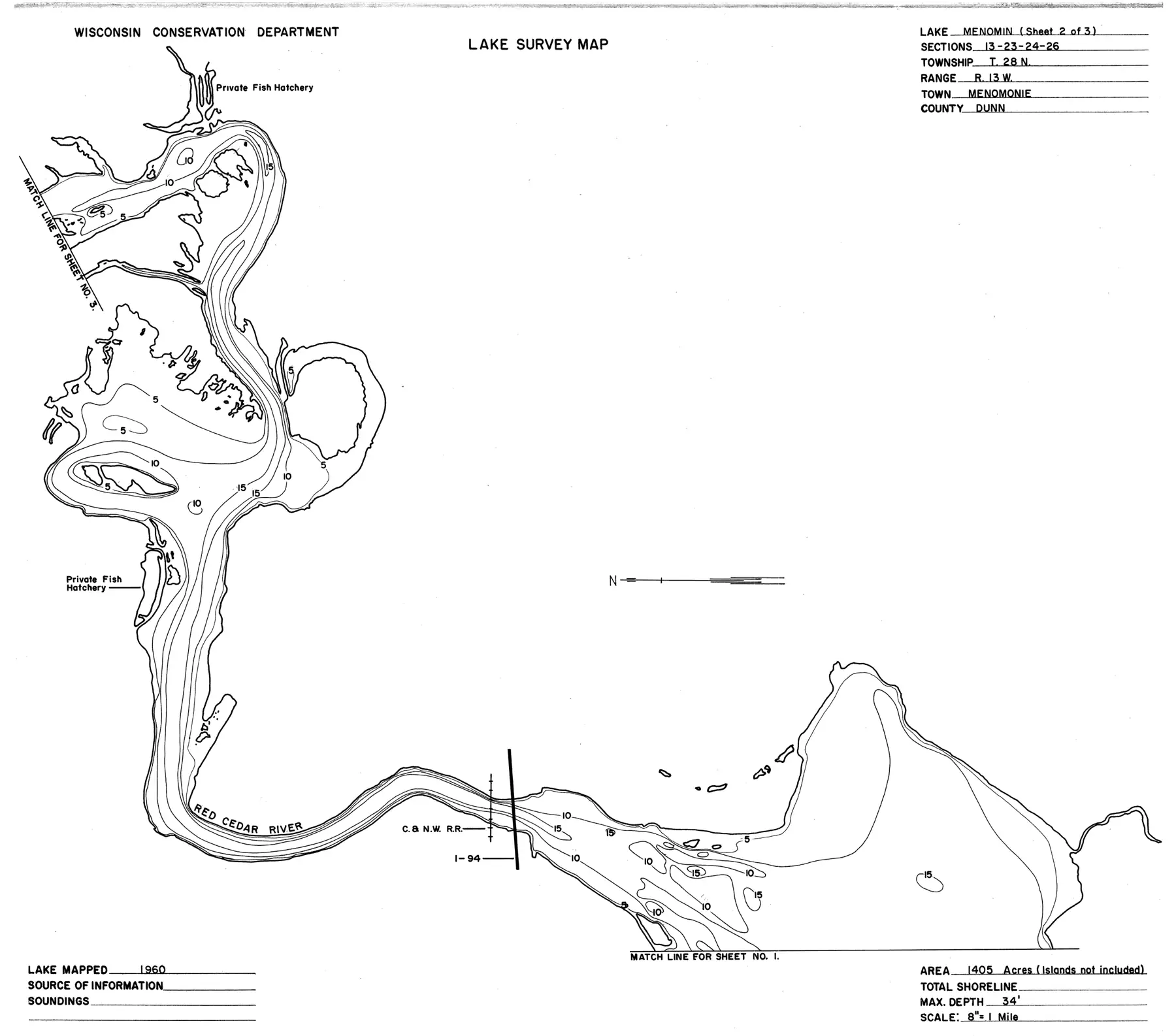 DNR survey map of Lake Menomin, sheet 2 of 3, with depths in feet. Tap to zoom.