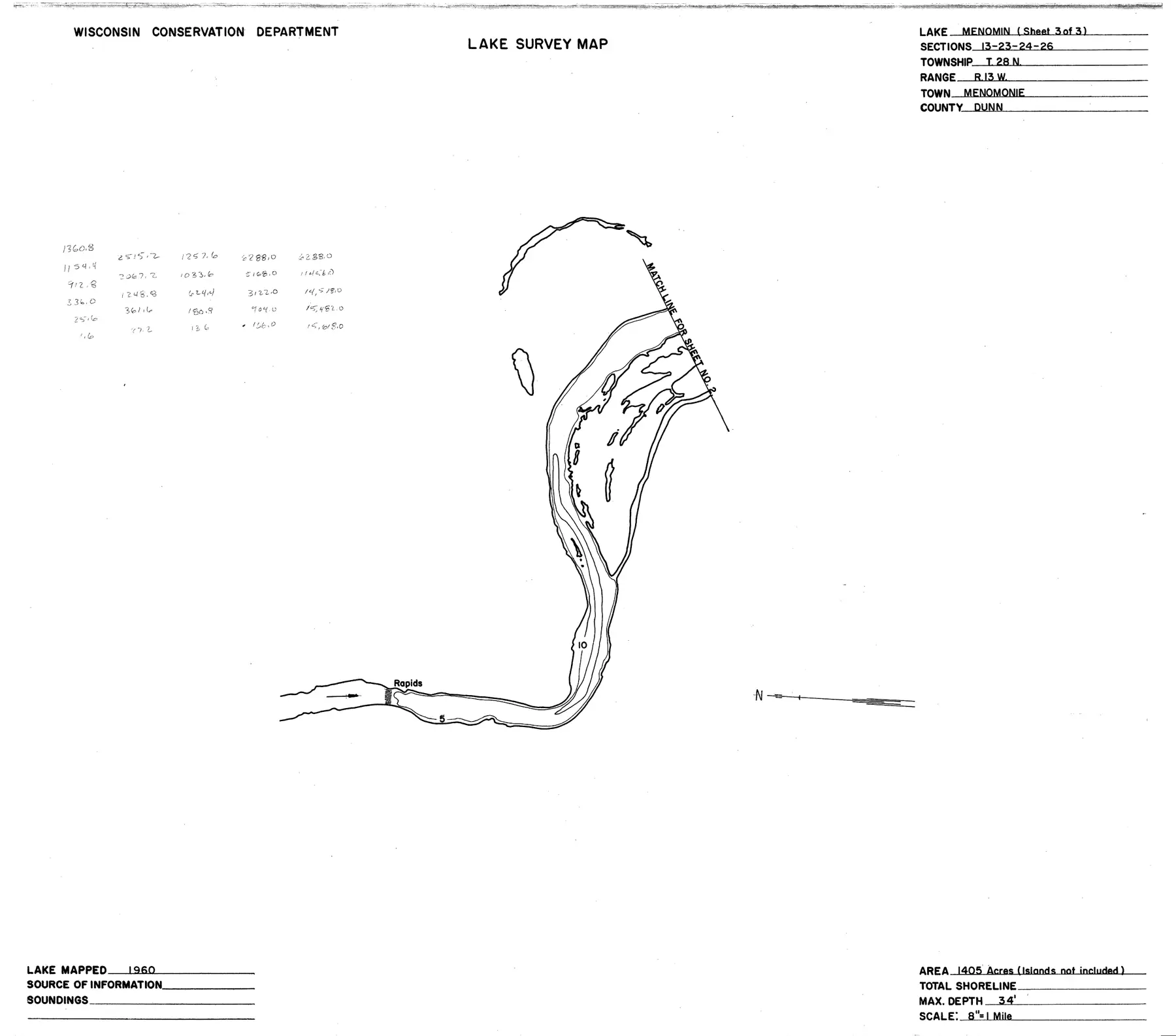 DNR survey map of Lake Menomin, sheet 3 of 3. Tap to zoom.