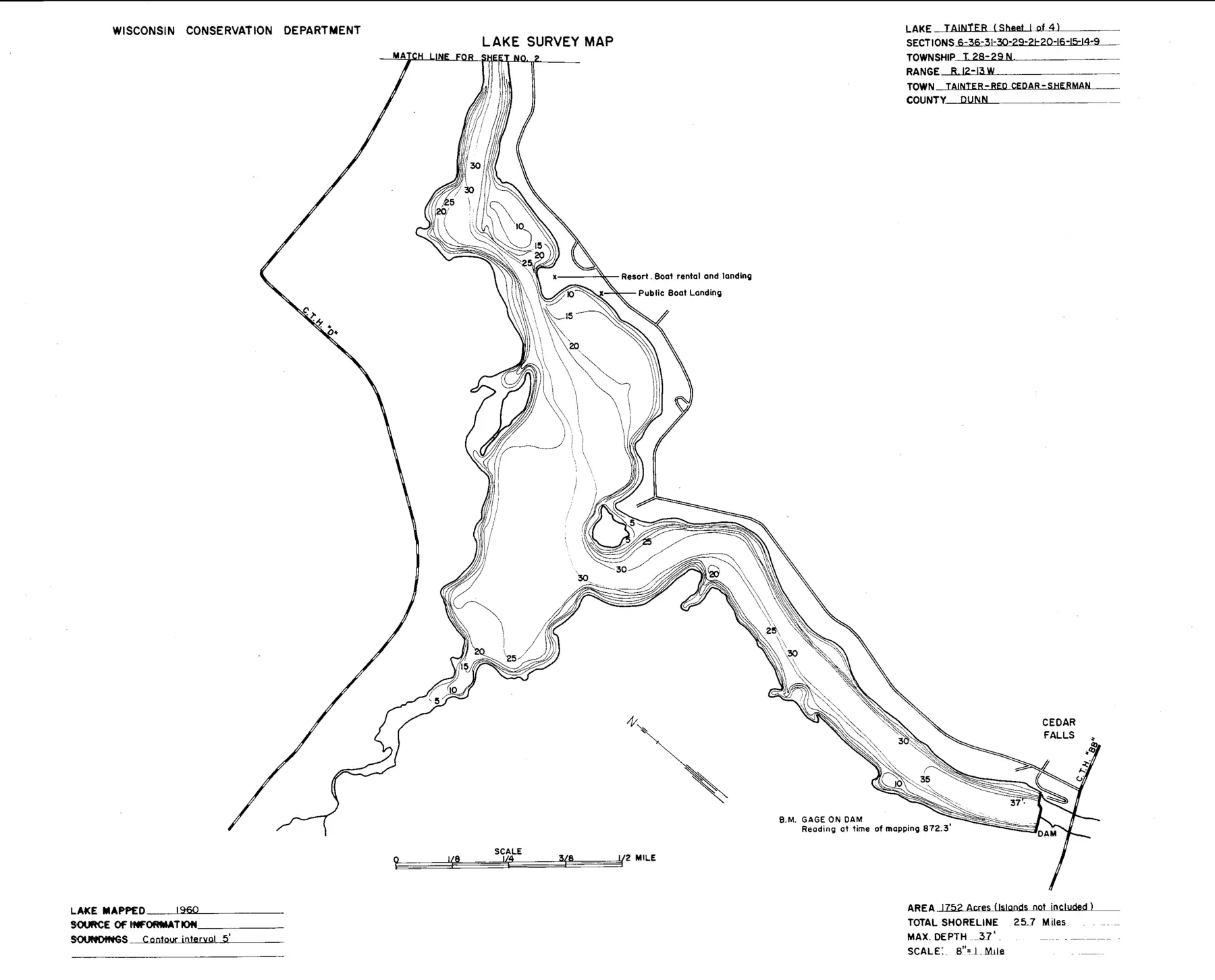 DNR survey map of Tainter Lake, sheet 1 of 4, with depths in feet. Tap to zoom.