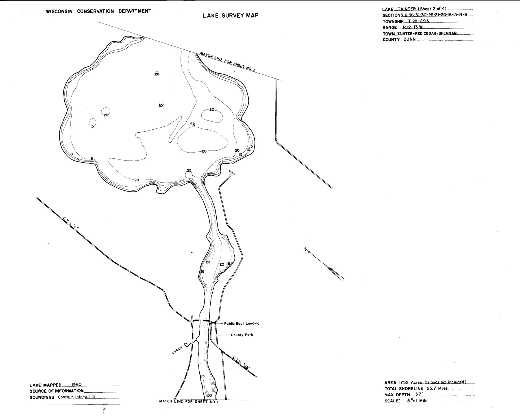 DNR survey map of Tainter Lake, sheet 2 of 4, with depths in feet. Tap to zoom.