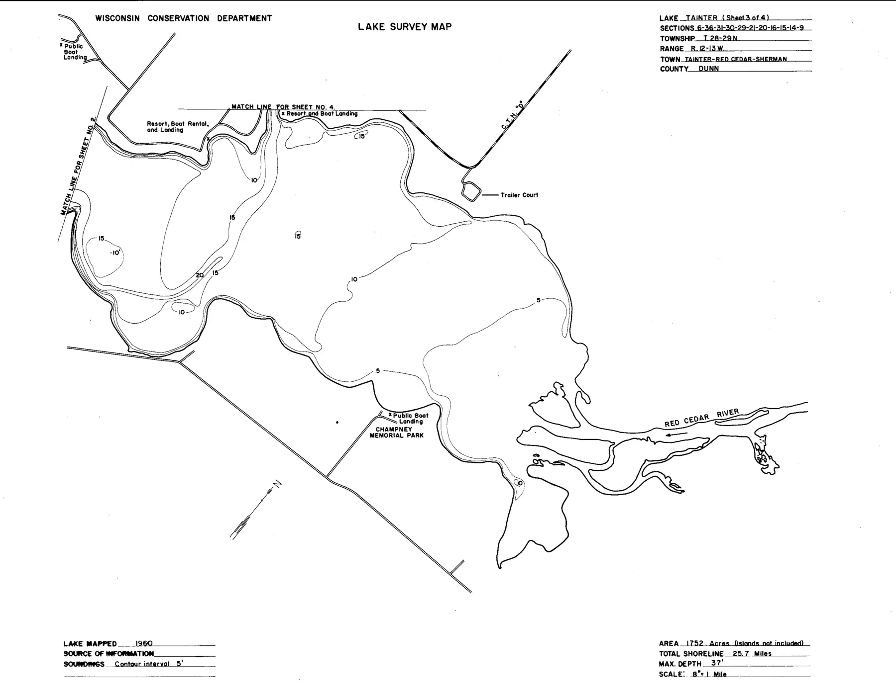 DNR survey map of Tainter Lake, sheet 3 of 4. Tap to zoom.