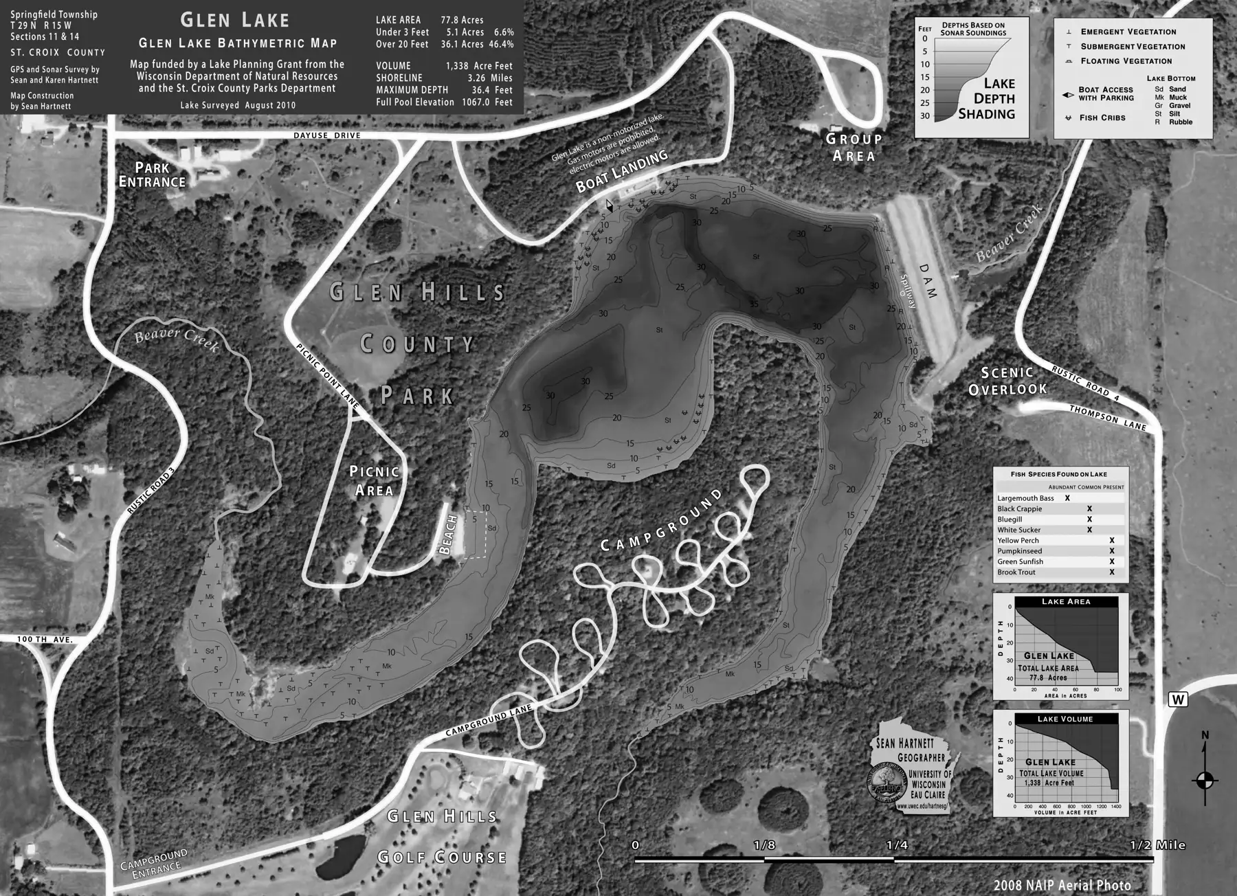 DNR survey map of Glen Lake, with depths in feet. Tap to zoom.