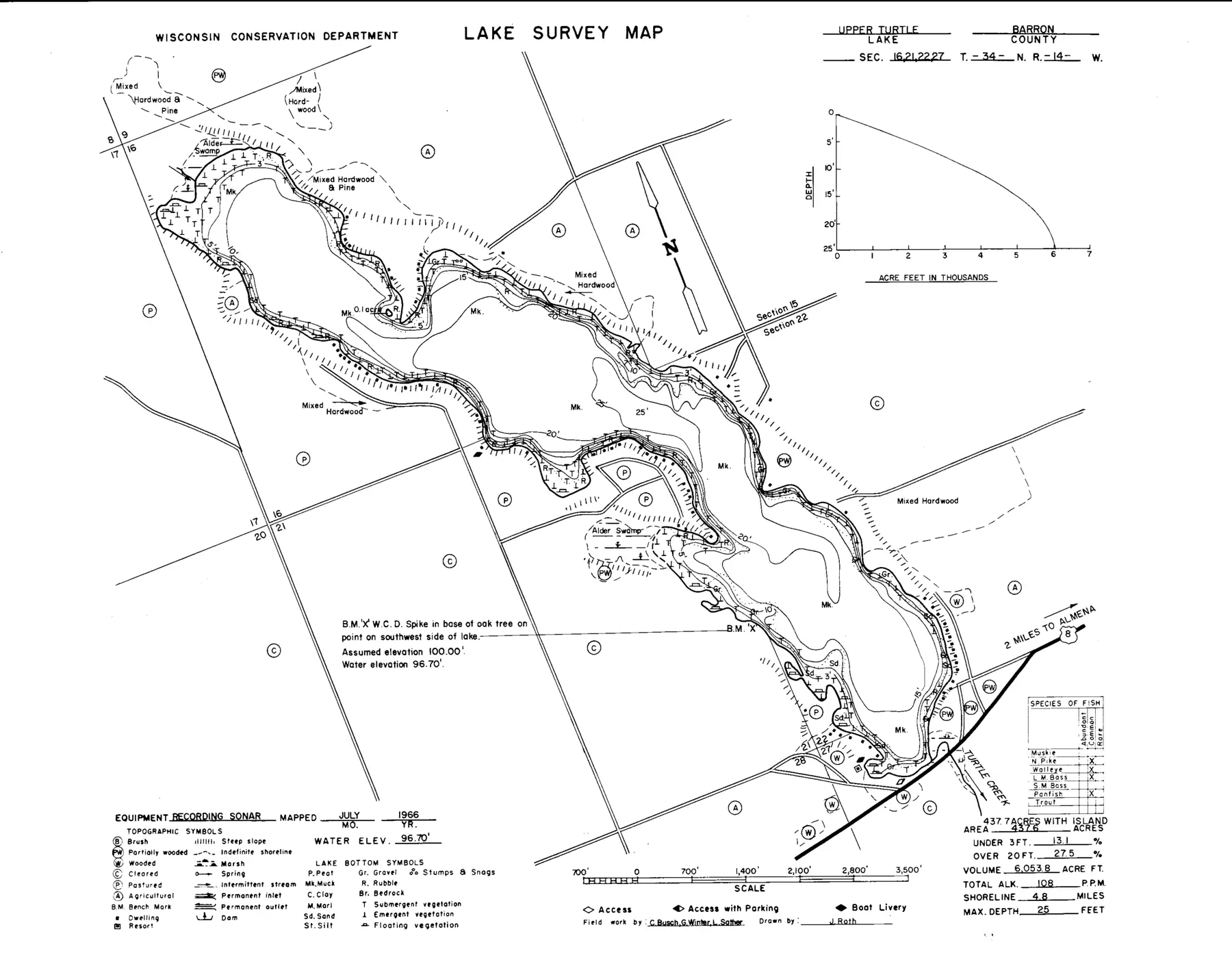 DNR survey map of Upper Turtle Lake, with depths in feet. Tap to zoom.