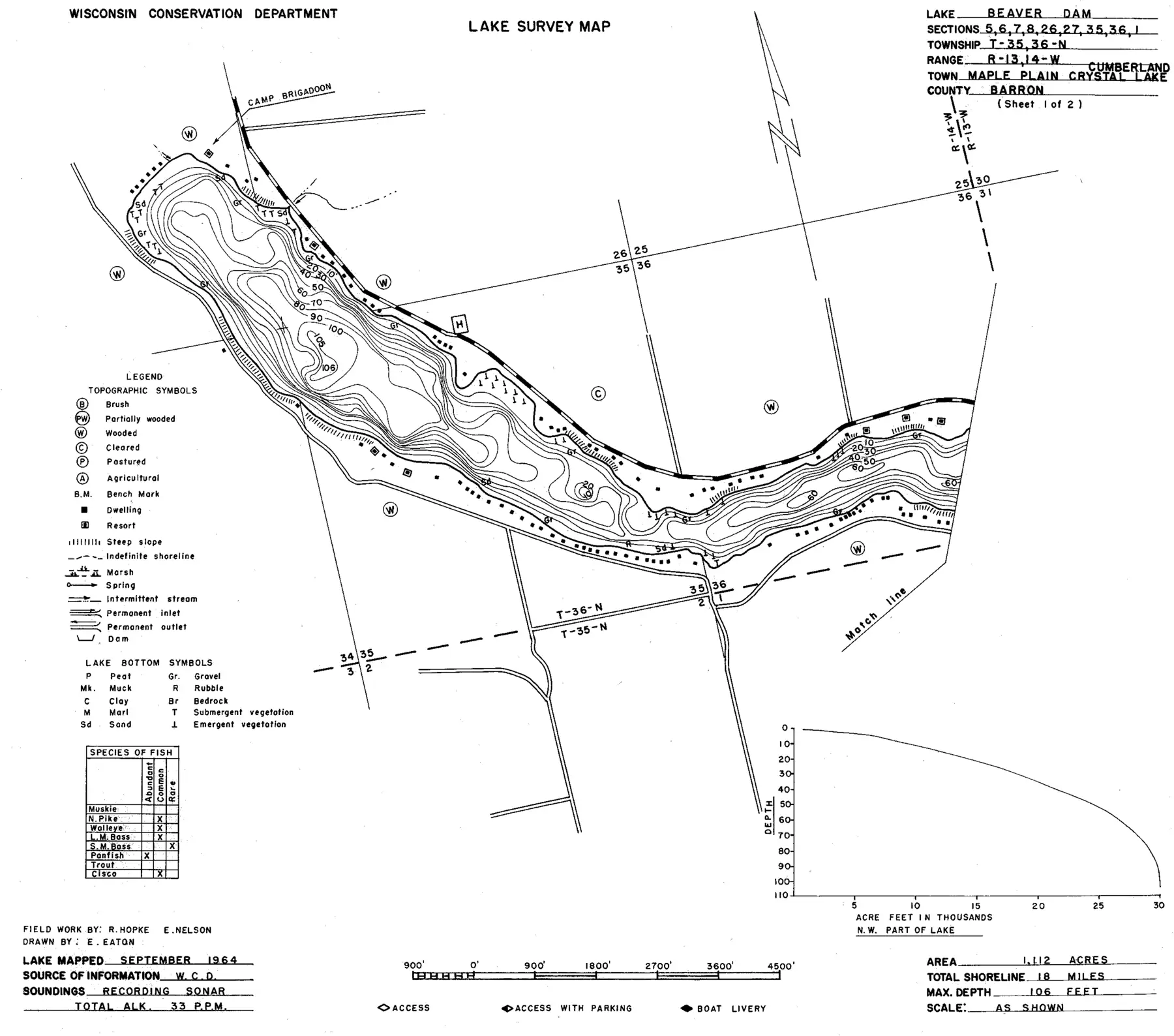 DNR survey map of Beaver Dam Lake, sheet 1 of 2, with depths in feet. Tap to zoom.