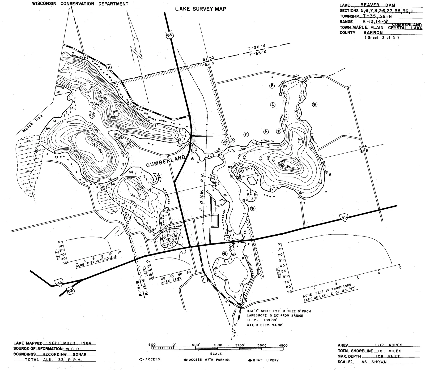DNR survey map of Beaver Dam Lake, sheet 2 of 2, with depths in feet. Tap to zoom.