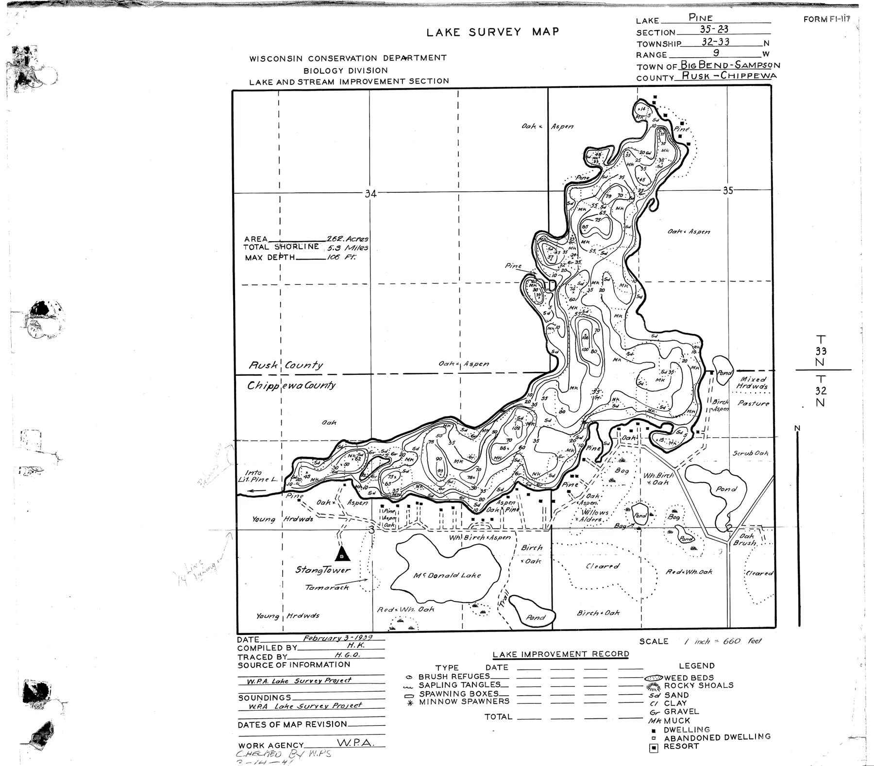 DNR survey map of Pine Lake, with depths in feet. Tap to zoom.