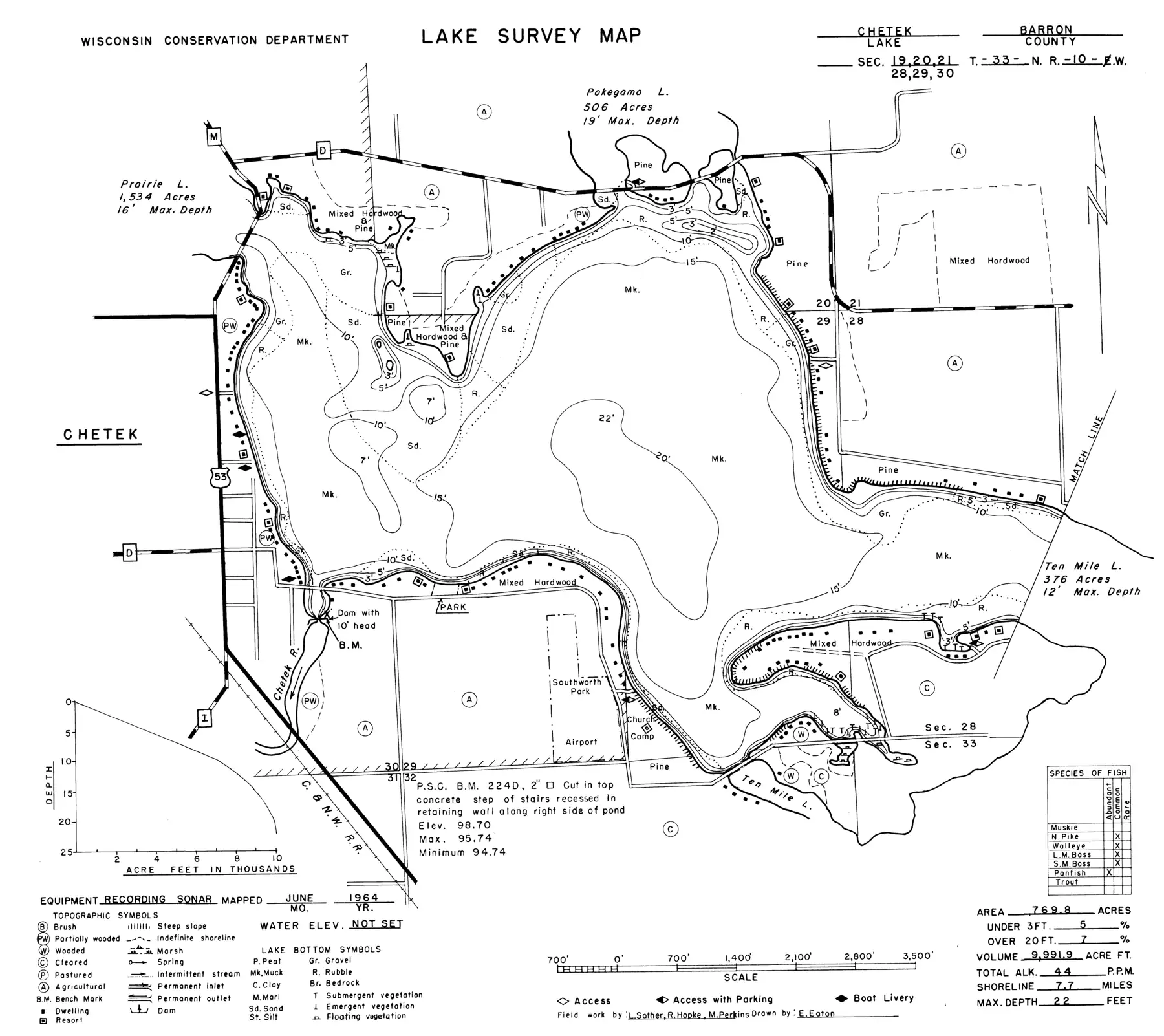 DNR survey map of Lake Chetek, with depths in feet. Tap to zoom.