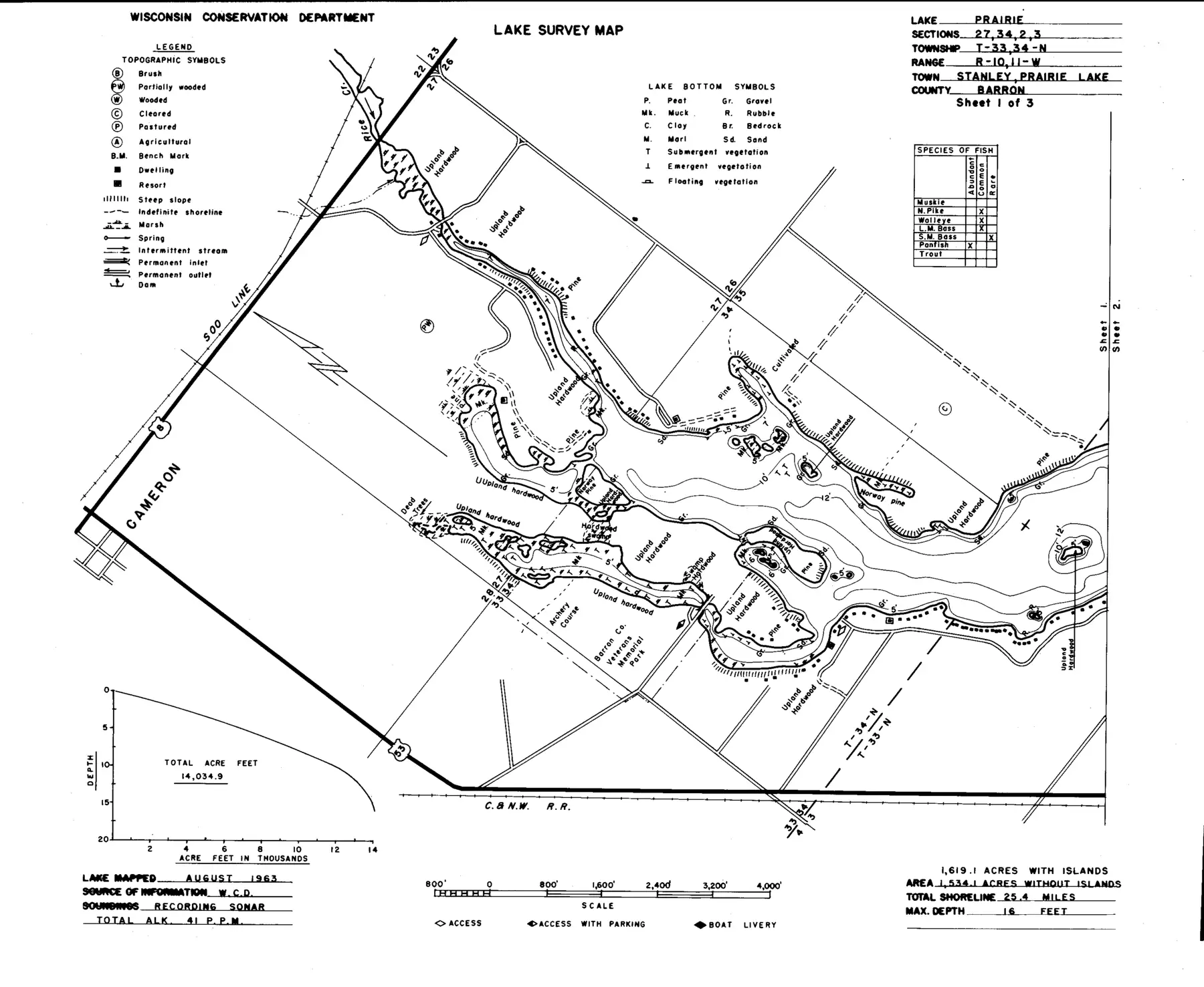 DNR survey map of Prairie Lake, sheet 1 of 3, with depths in feet. Tap to zoom.