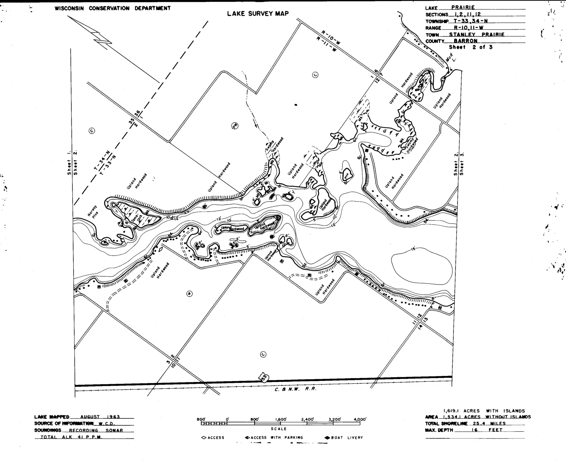 DNR survey map of Prairie Lake, sheet 2 of 3, with depths in feet. Tap to zoom.