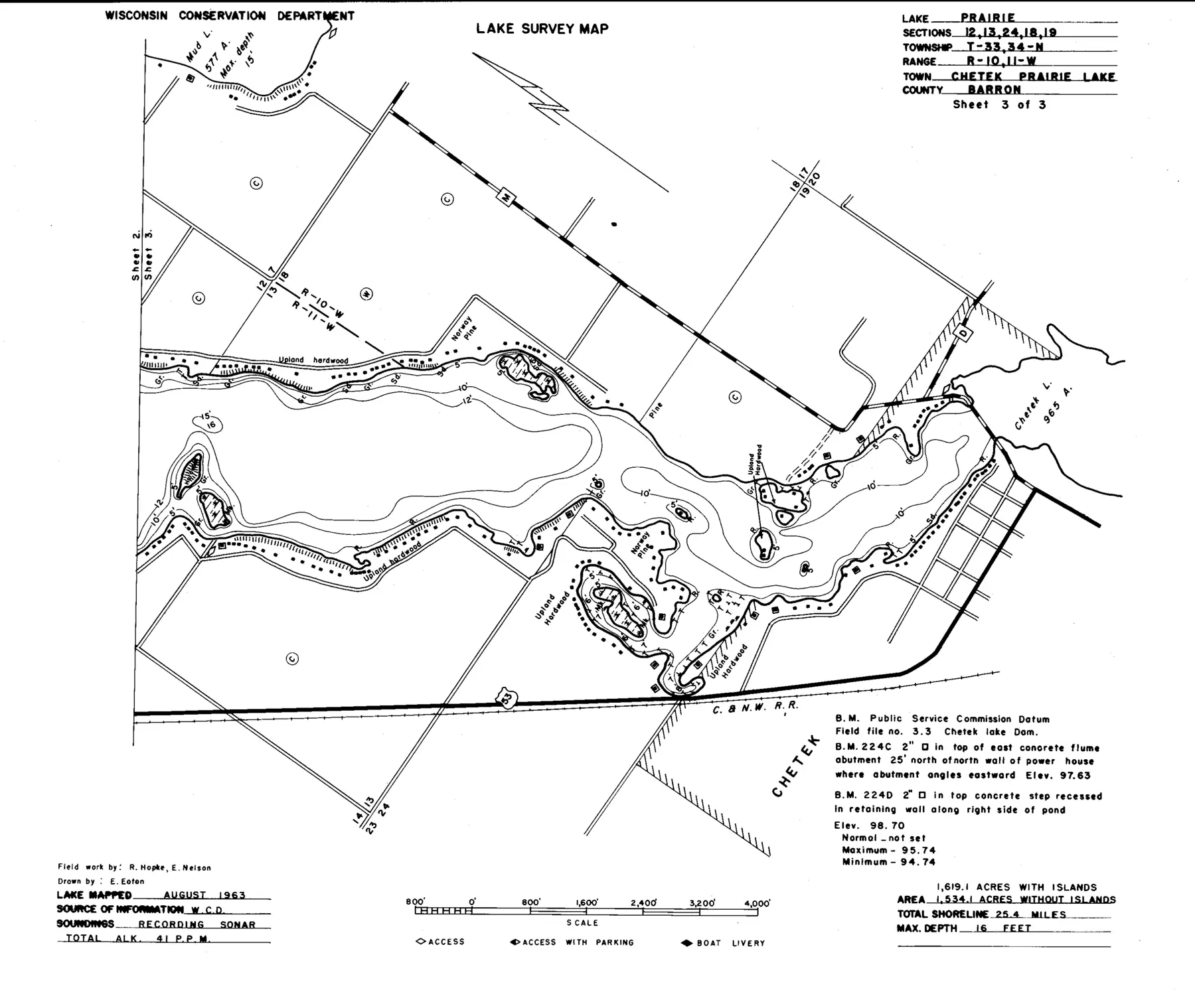 DNR survey map of Prairie Lake, sheet 3 of 3. Tap to zoom.