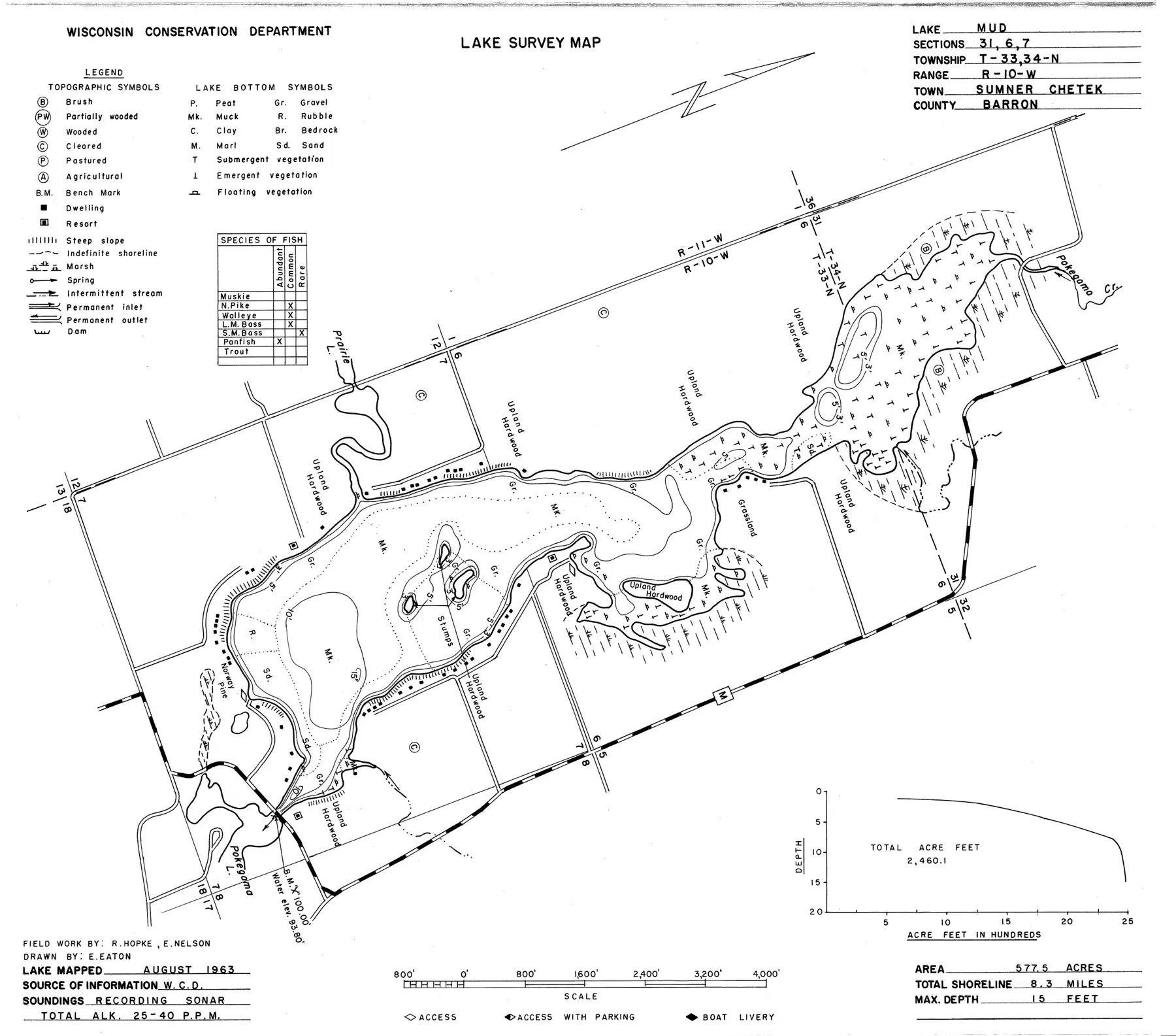 DNR survey map of Mud Lake, with depths in feet. Tap to zoom.