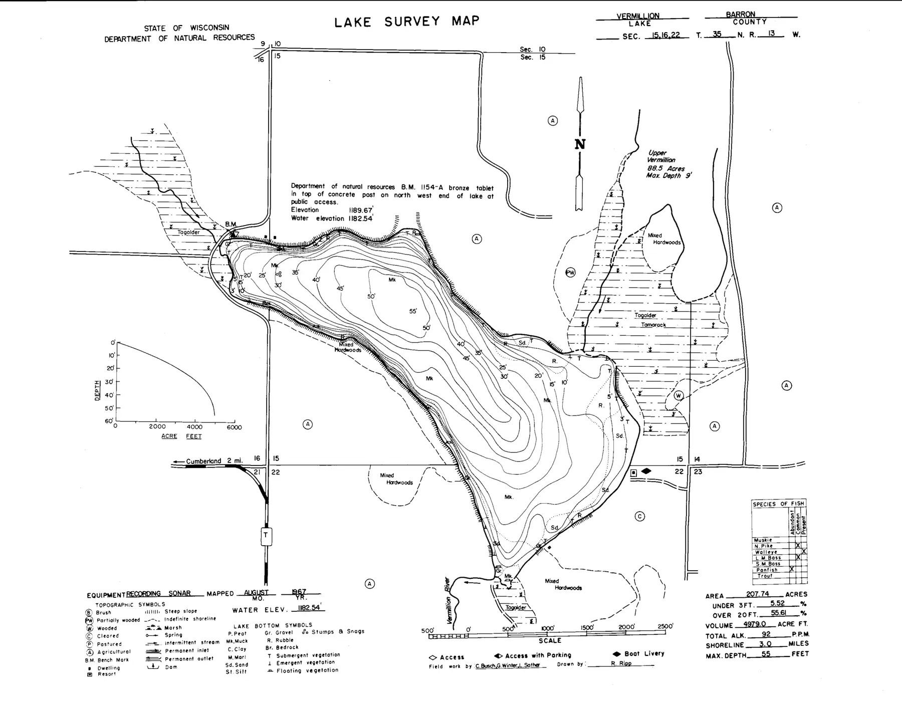 DNR survey map of Lower Vermillion Lake, with depths in feet. Tap to zoom.