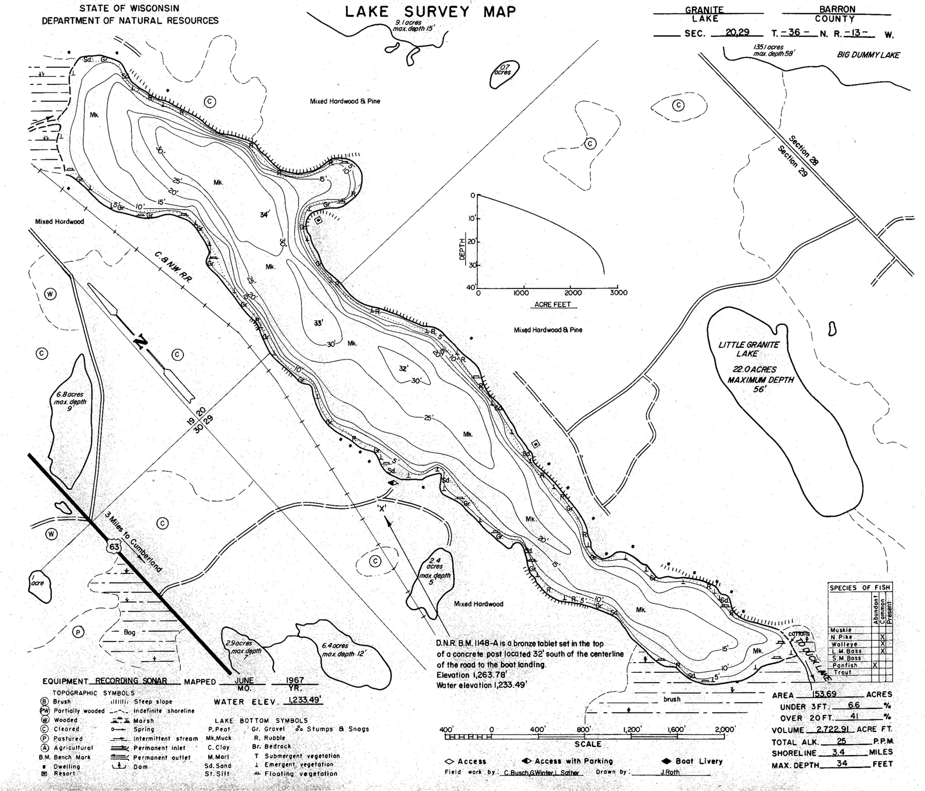 DNR survey map of Granite Lake, with depths in feet. Tap to zoom.
