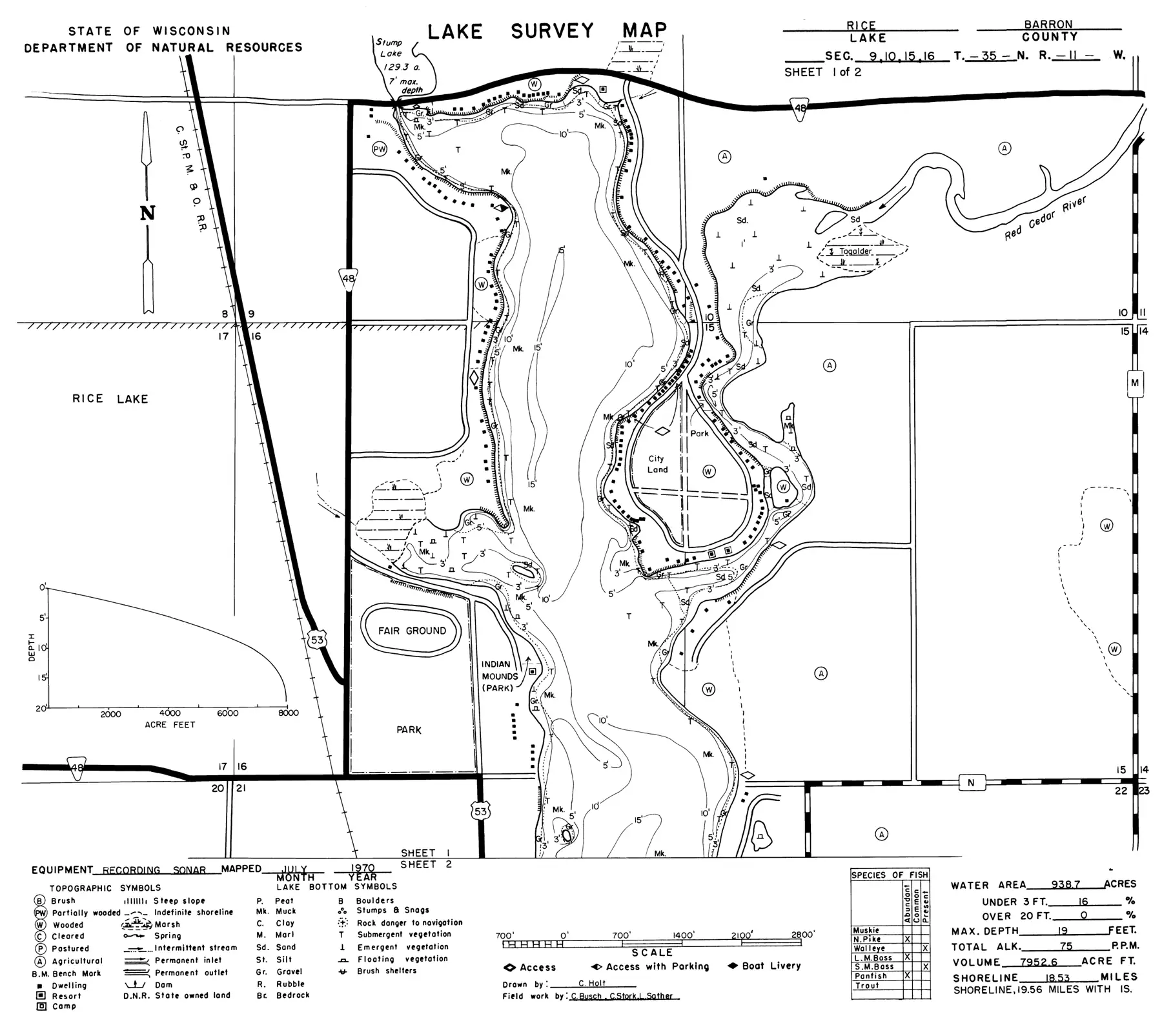 DNR survey map of Rice Lake, sheet 1 of 2, with depths in feet. Tap to zoom.
