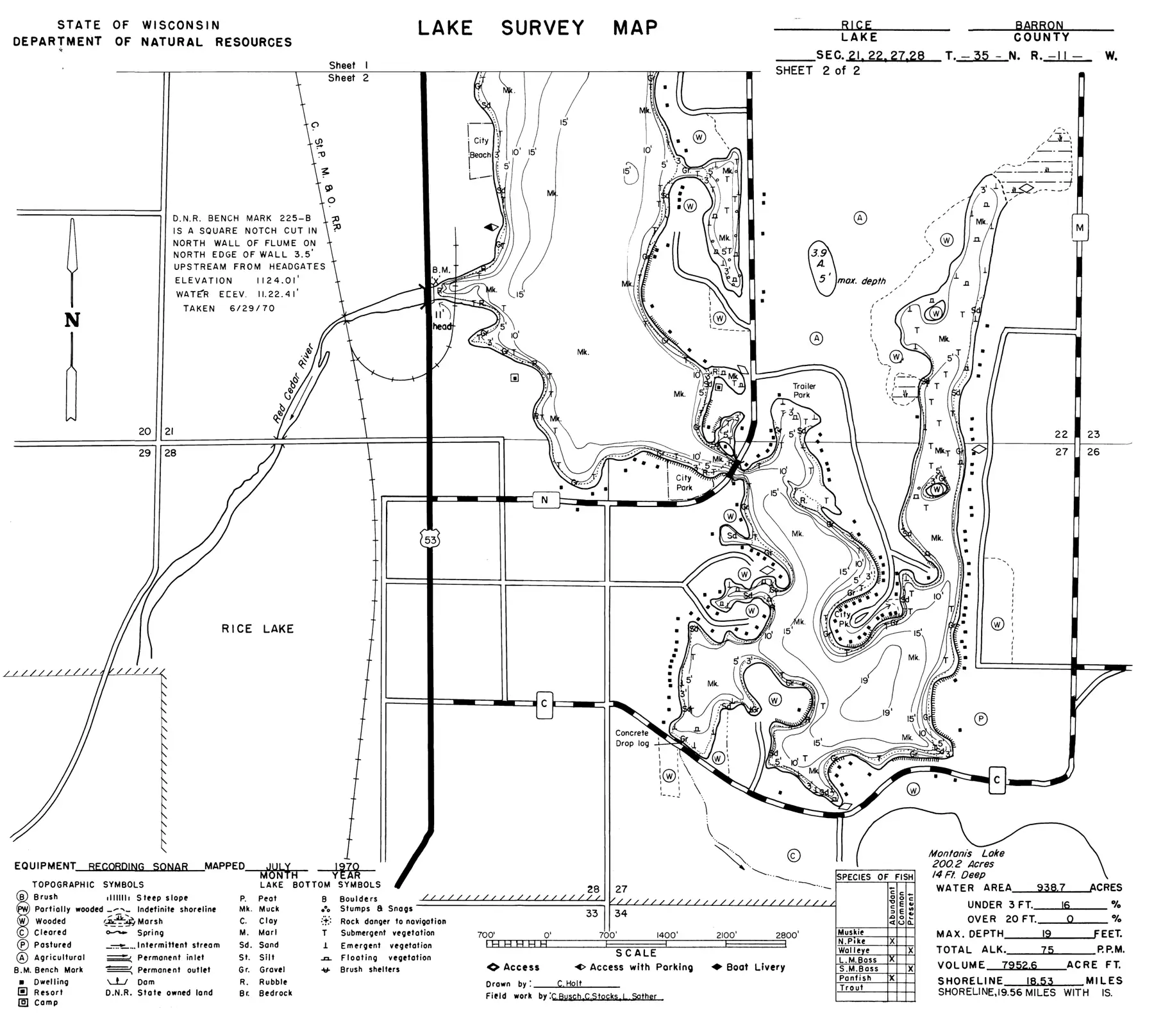 DNR survey map of Rice Lake, sheet 2 of 2, with depths in feet. Tap to zoom.