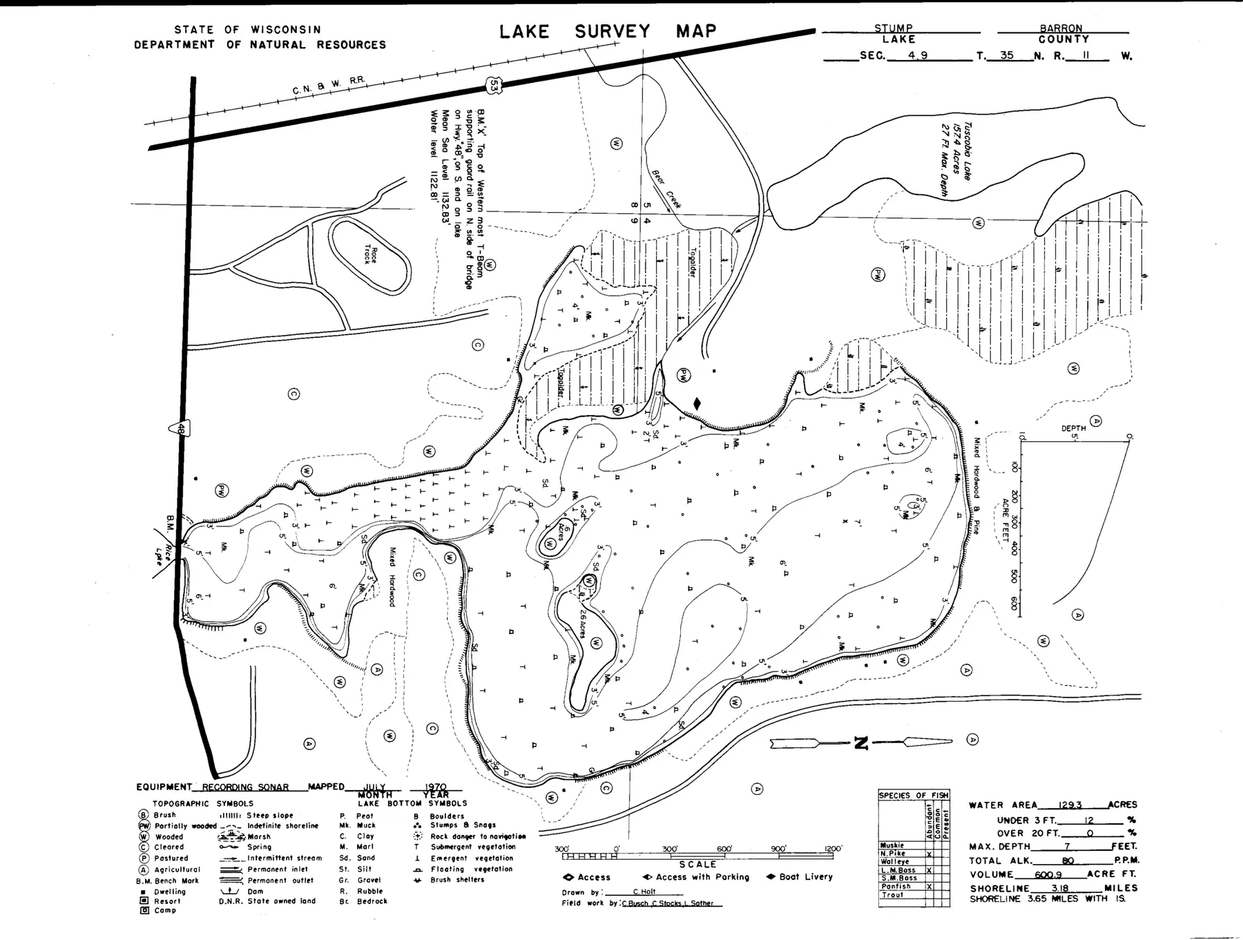 DNR survey map of Stump Lake, with depths in feet. Tap to zoom.