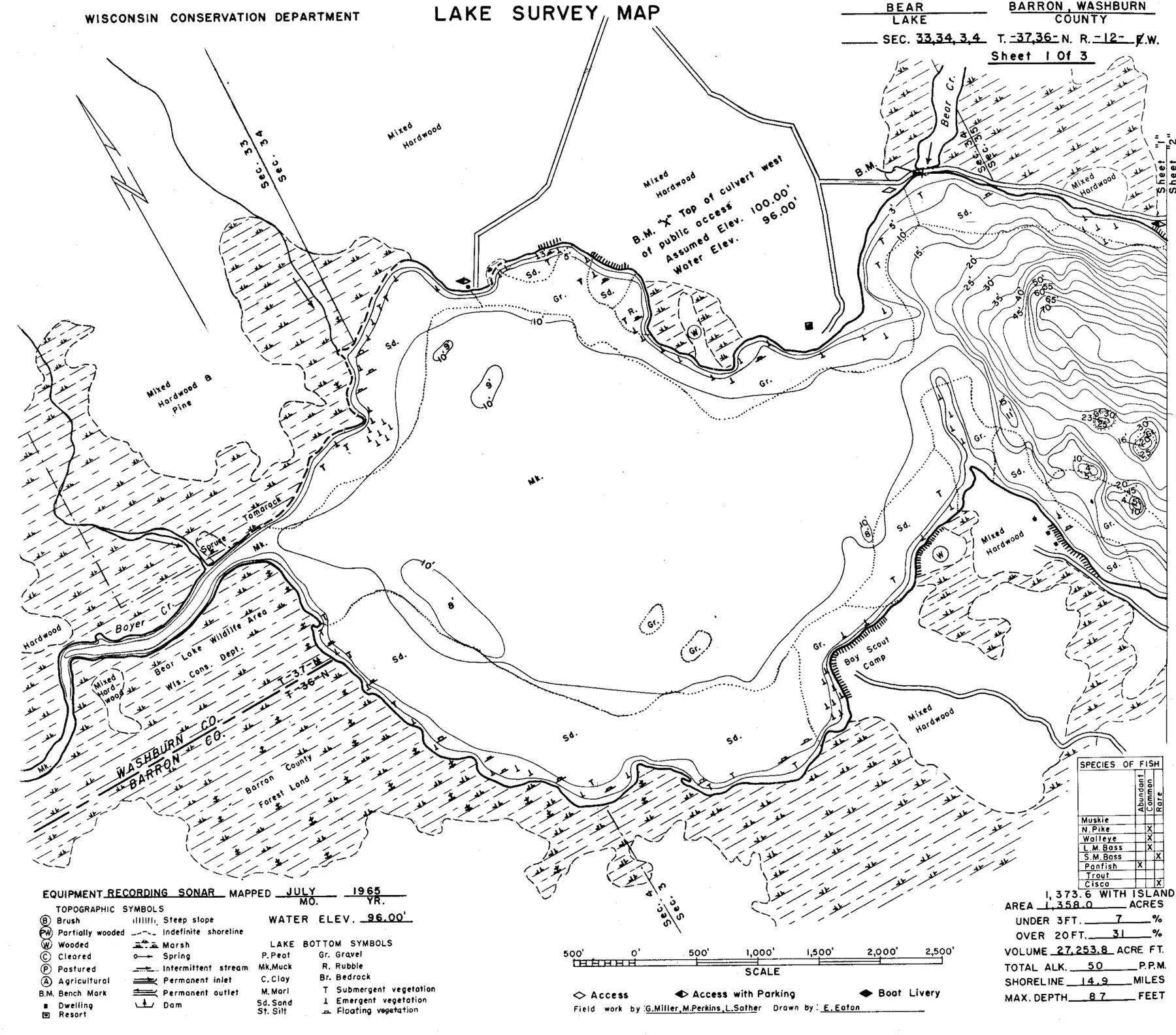 DNR survey map of Bear Lake, sheet 1 of 3, with depths in feet. Tap to zoom.