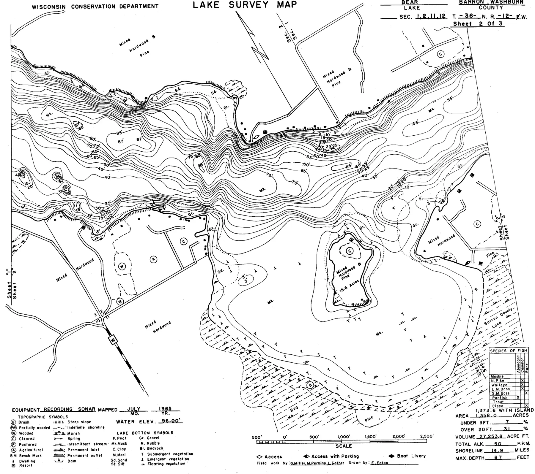 DNR survey map of Bear Lake, sheet 2 of 3, with depths in feet. Tap to zoom.