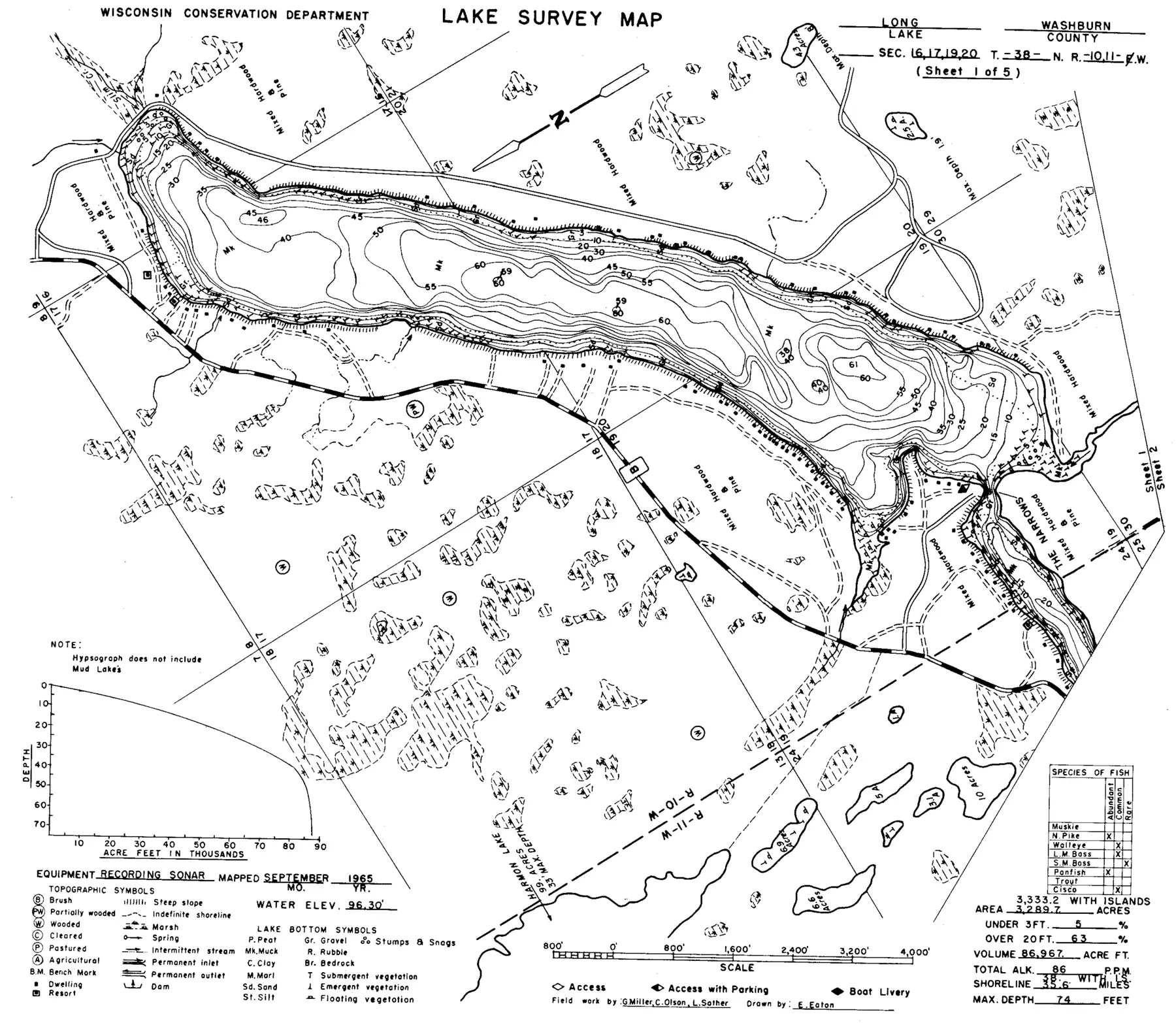 DNR survey map of Long Lake, sheet 1 of 5, with depths in feet. Tap to zoom.