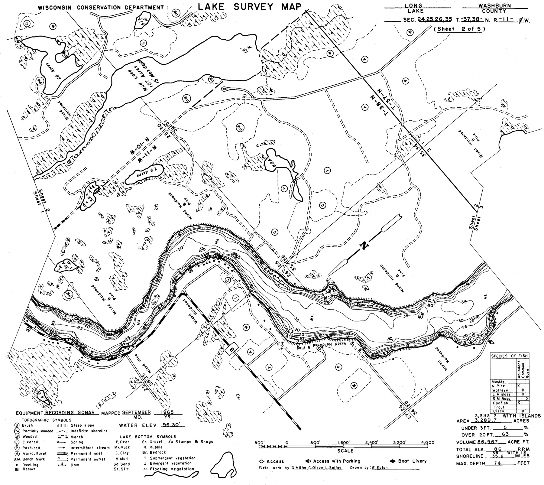 DNR survey map of Long Lake, sheet 2 of 5, with depths in feet. Tap to zoom.