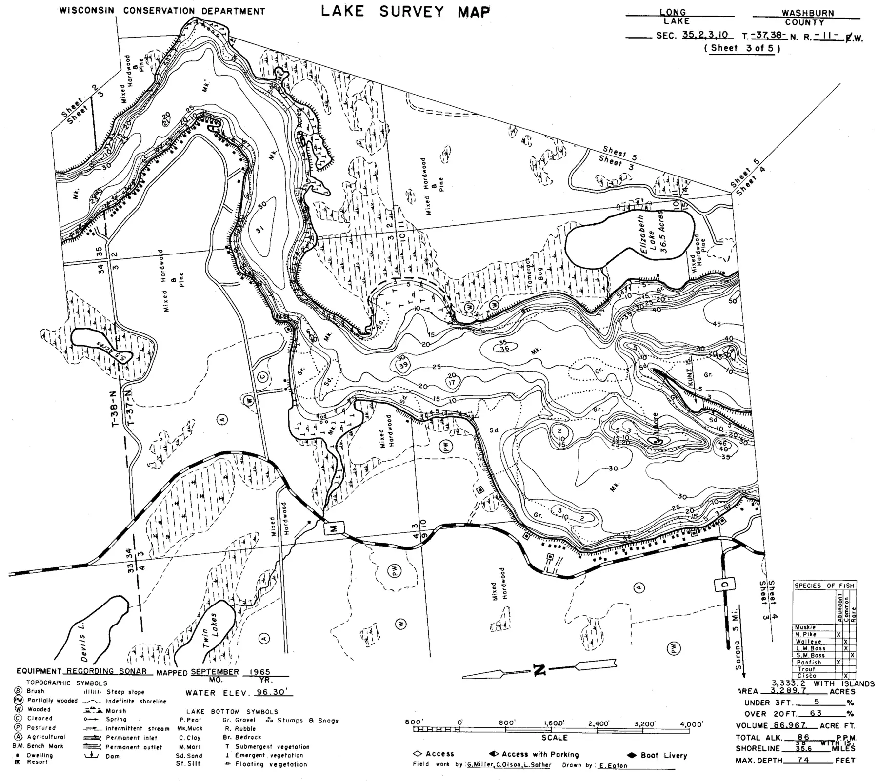 DNR survey map of Long Lake, sheet 3 of 5. Tap to zoom.