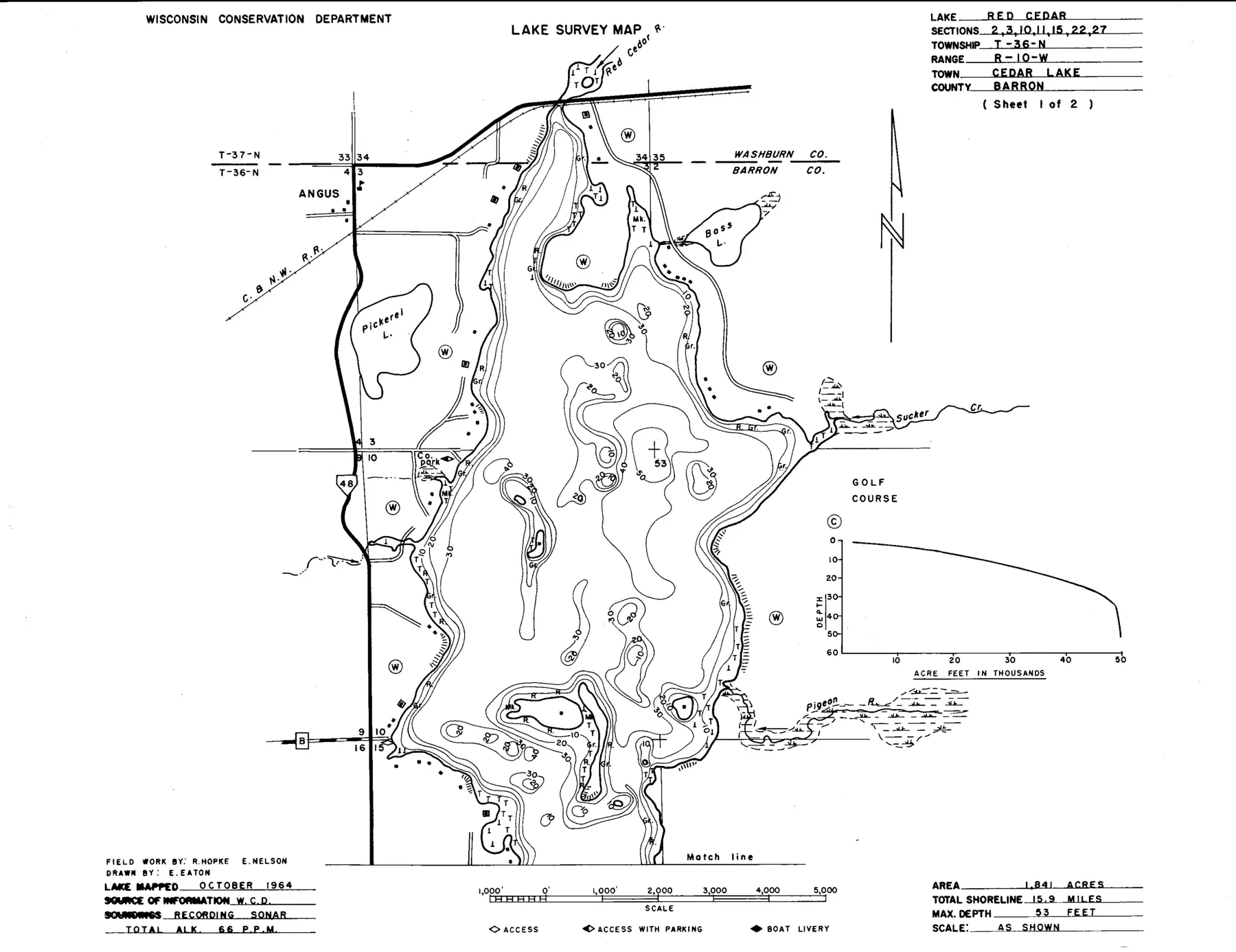 DNR survey map of Red Cedar Lake, sheet 1 of 2, with depths in feet. Tap to zoom.