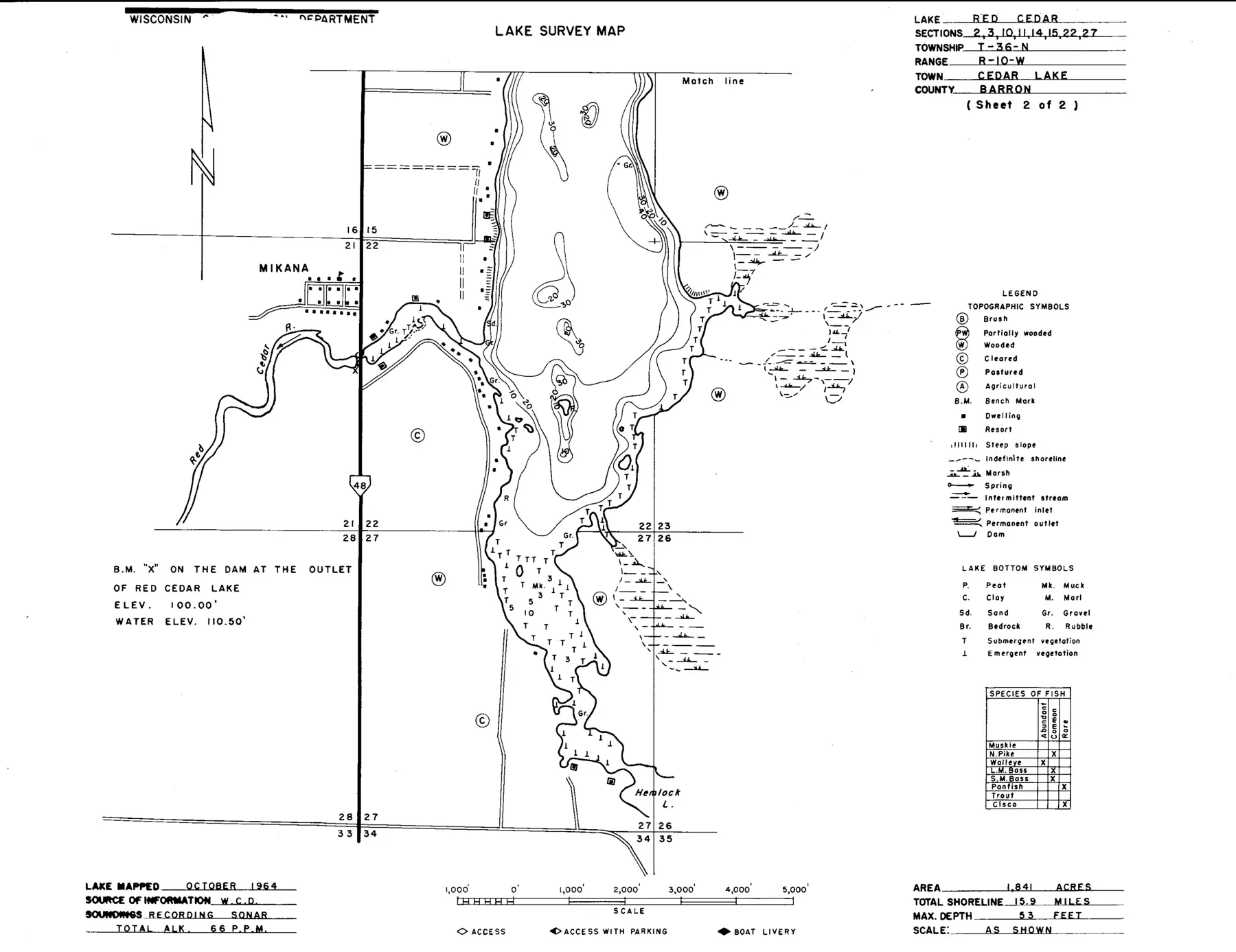 DNR survey map of Red Cedar Lake, sheet 2 of 2, with depths in feet. Tap to zoom.
