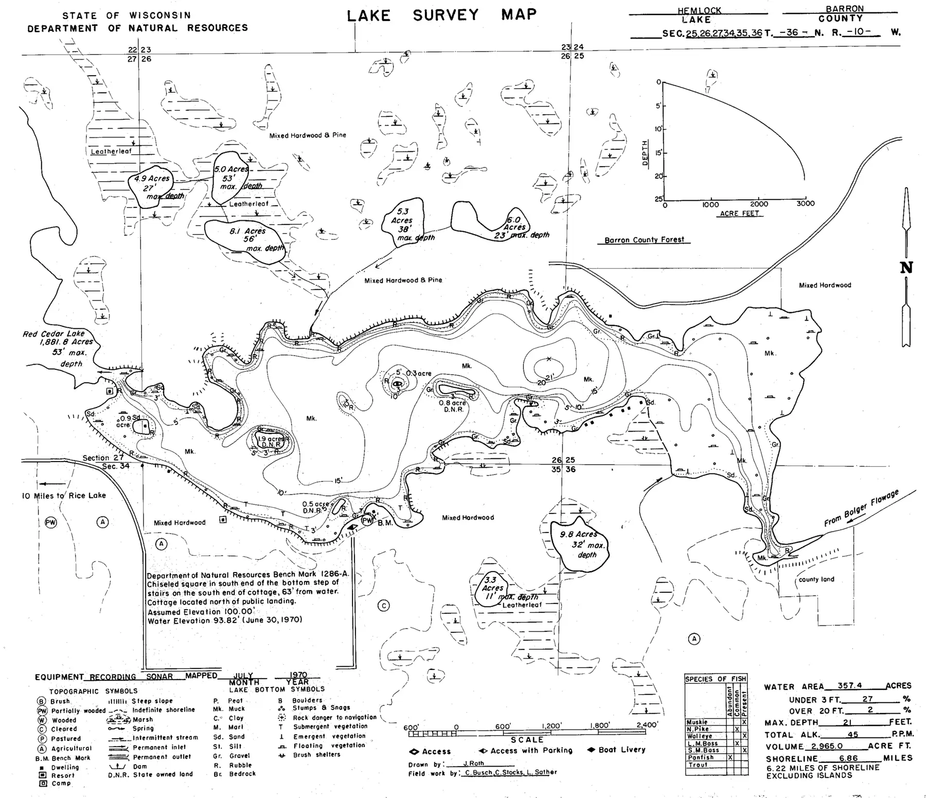 DNR survey map of Hemlock Lake, with depths in feet. Tap to zoom.