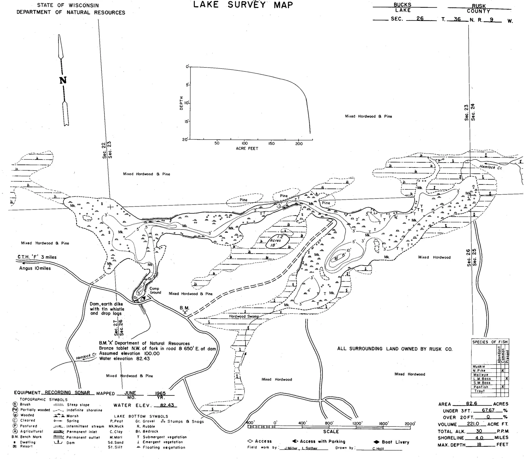 DNR survey map of Bucks Lake, with depths in feet. Tap to zoom.
