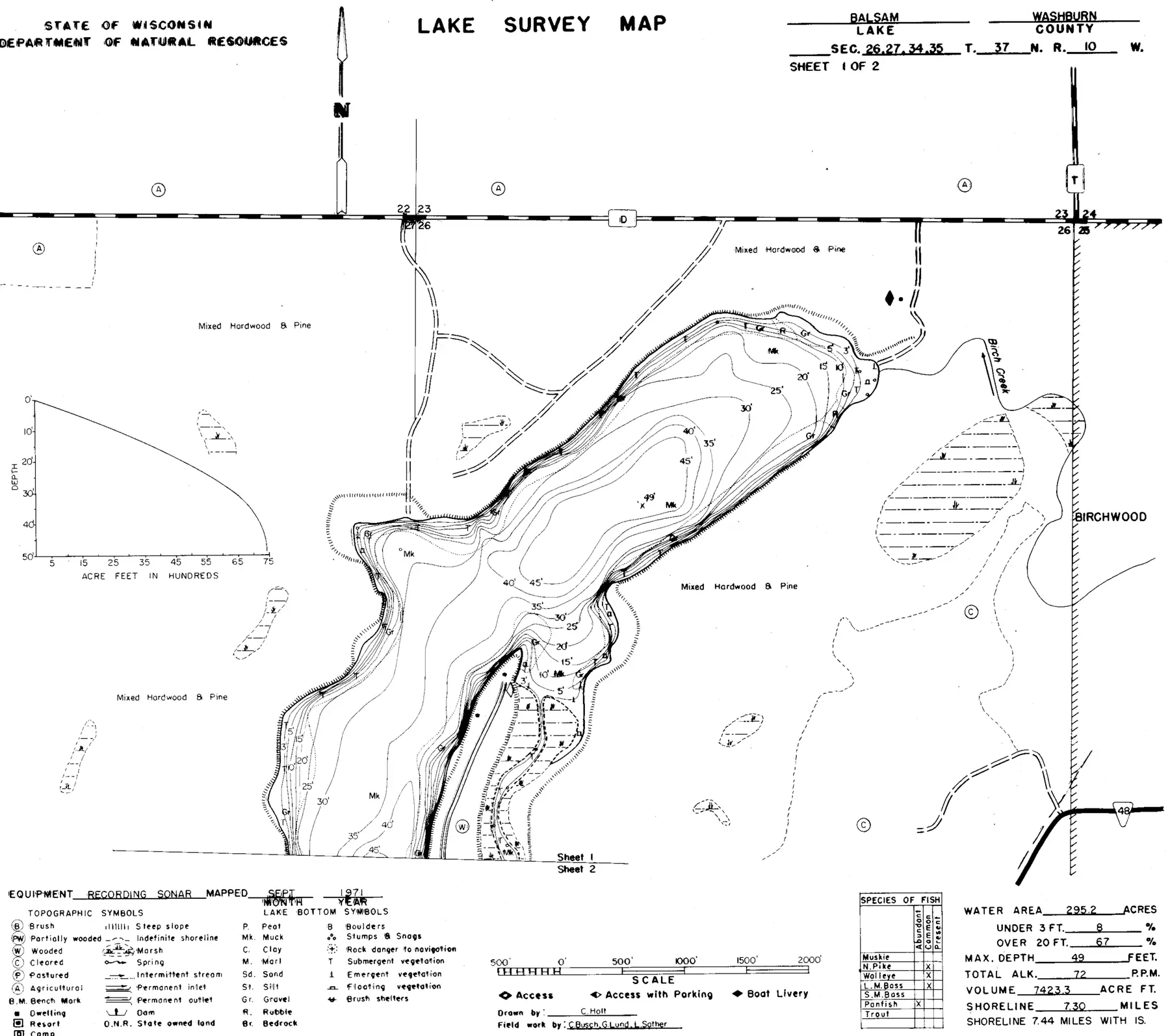 DNR survey map of Balsam Lake, sheet 1 of 2, with depths in feet. Tap to zoom.
