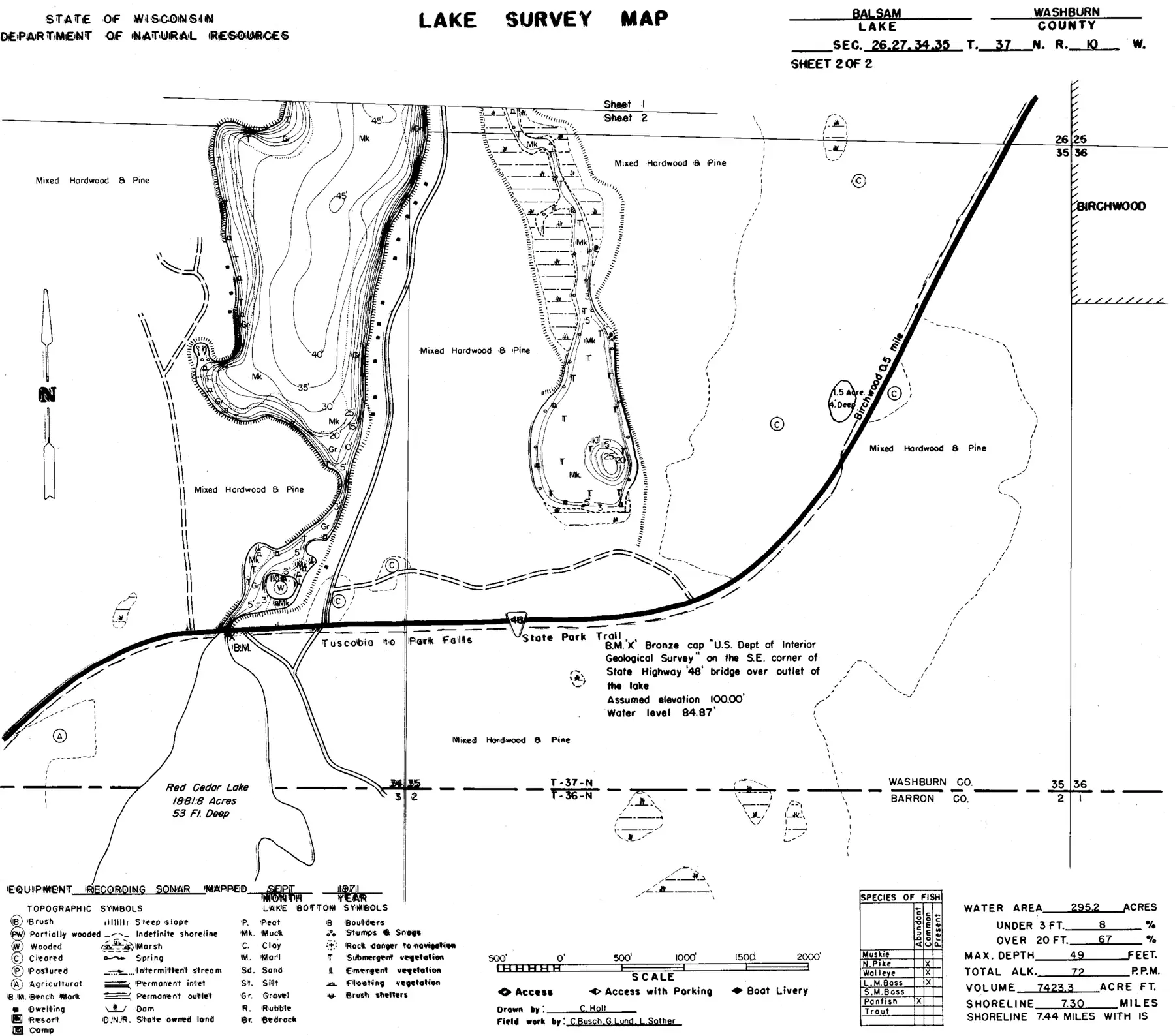 DNR survey map of Balsam Lake, sheet 2 of 2, with depths in feet. Tap to zoom.