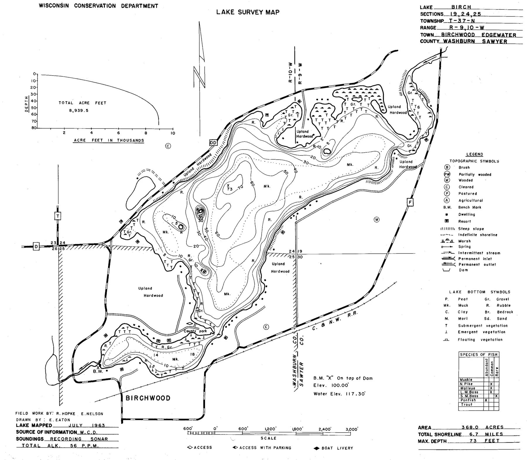 DNR survey map of Birch Lake, with depths in feet. Tap to zoom.