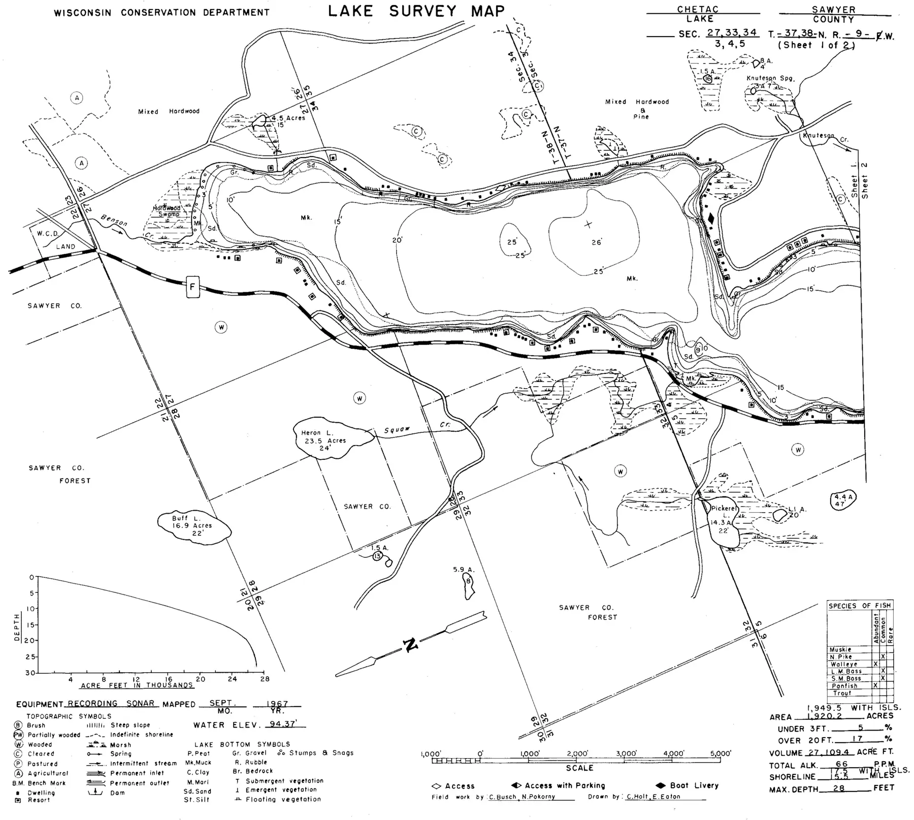 DNR survey map of Lake Chetac, sheet 1 of 2, with depths in feet. Tap to zoom.