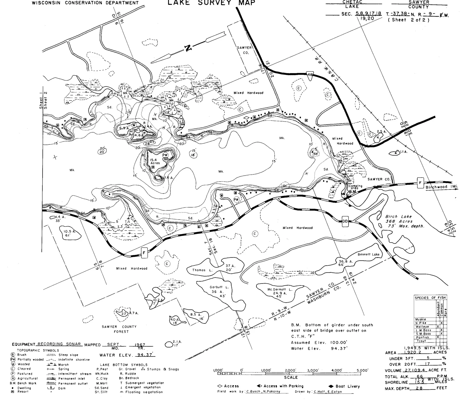 DNR survey map of Lake Chetac, sheet 2 of 2, with depths in feet. Tap to zoom.