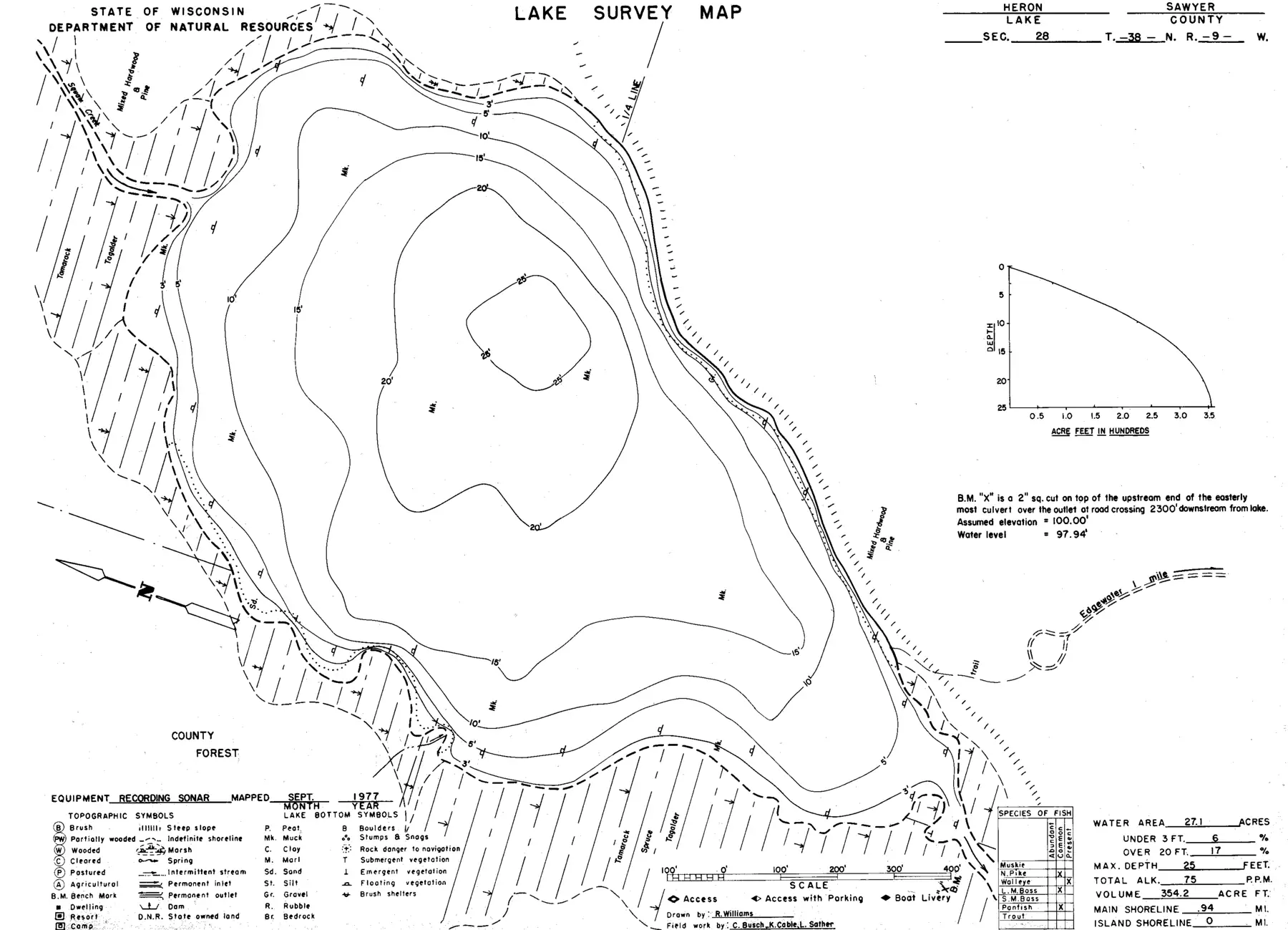 DNR survey map of Heron Lake, with depths in feet. Tap to zoom.