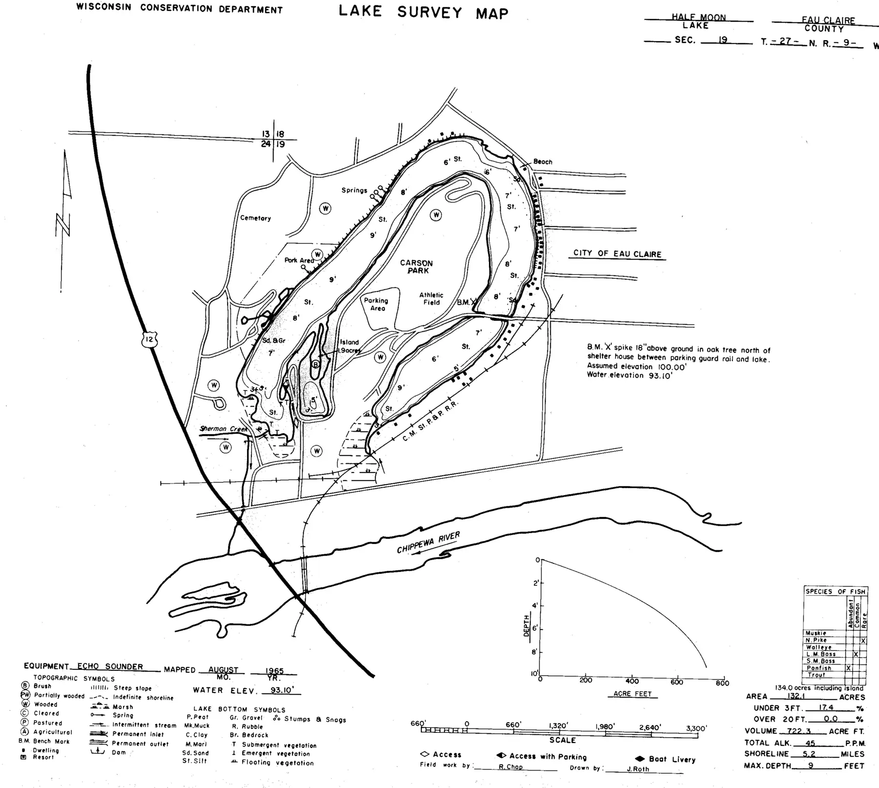 DNR survey map of Halfmoon Lake, with depths in feet. Tap to zoom.