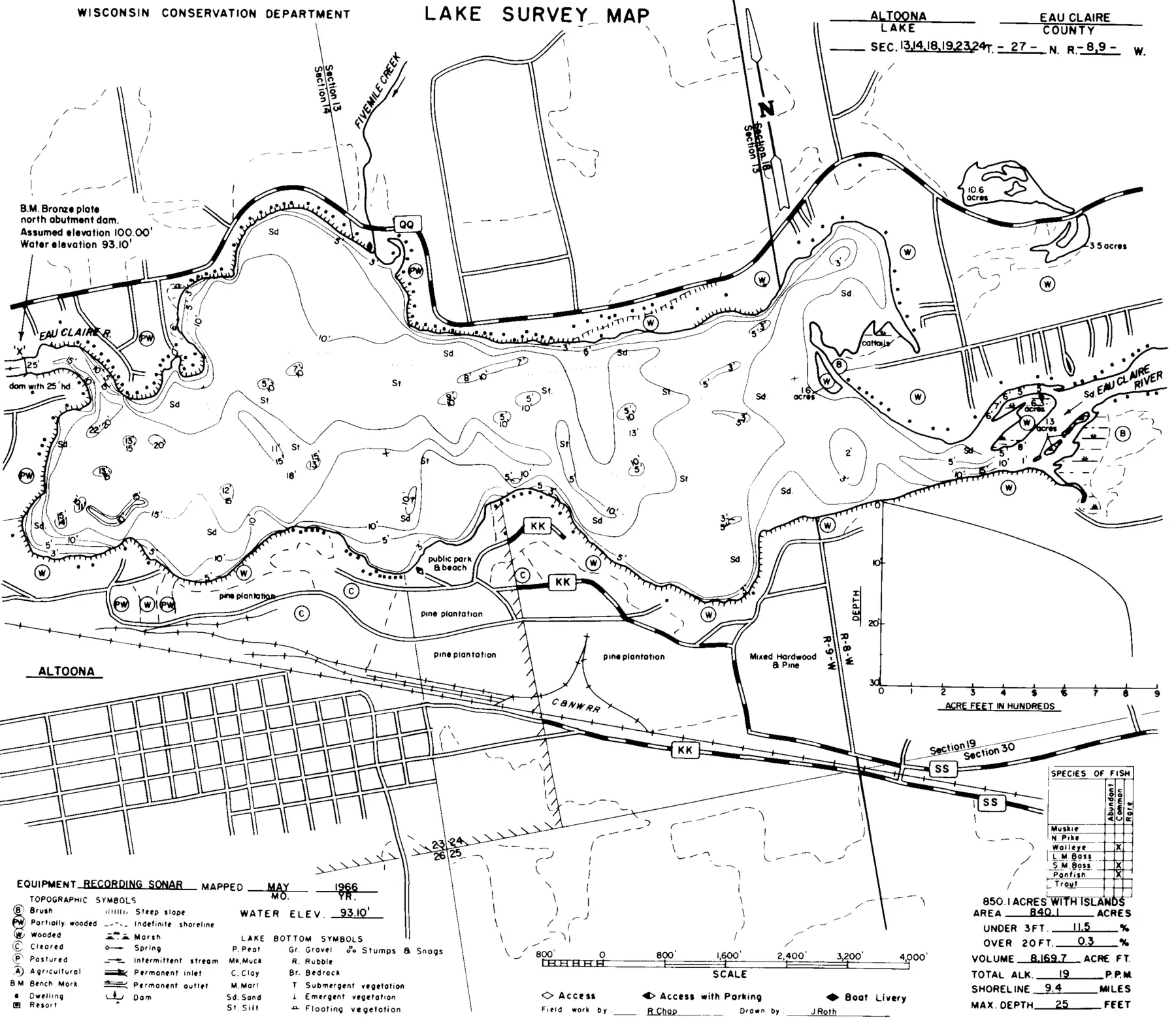 DNR survey map of Altoona Lake, with depths in feet. Tap to zoom.