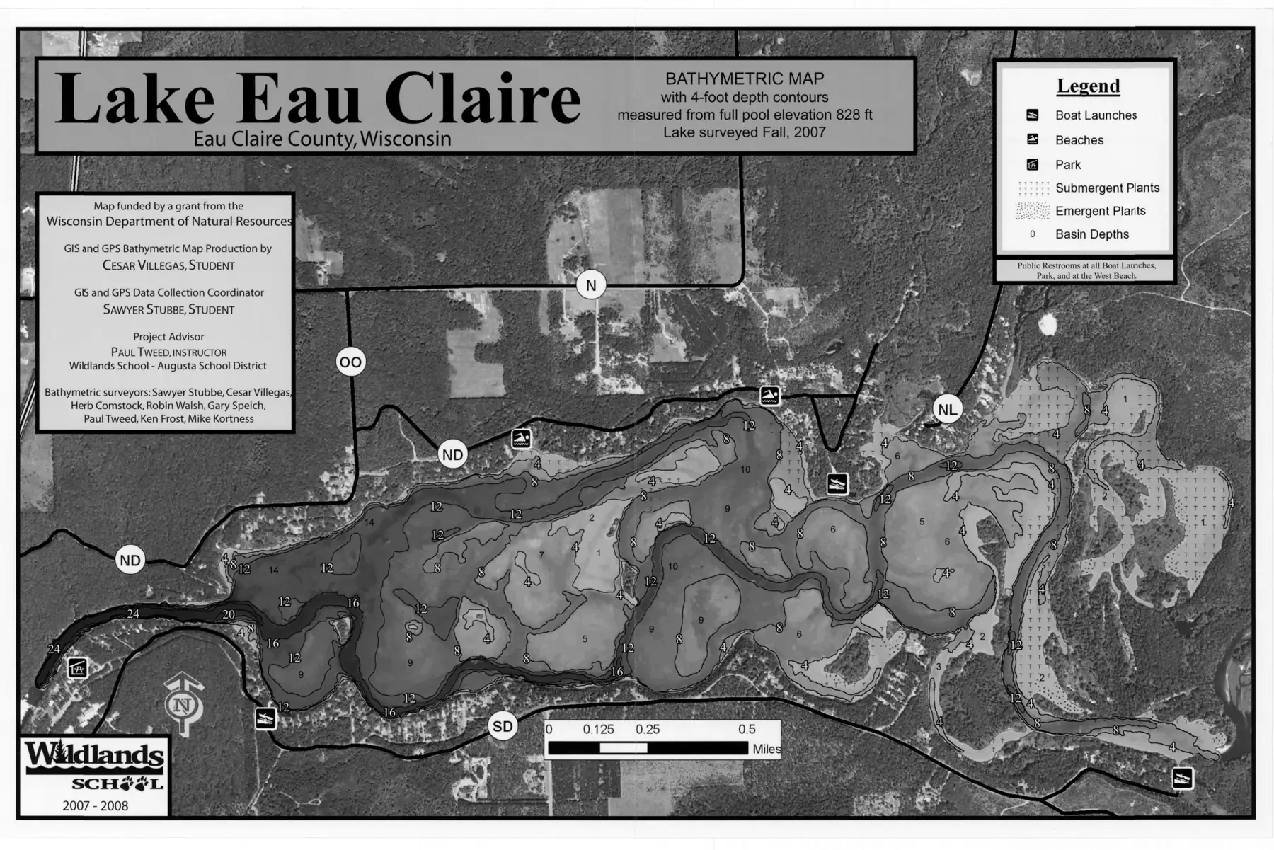 DNR survey map of Eau Claire Lake, sheet 1 of 3, with depths in feet. Tap to zoom.