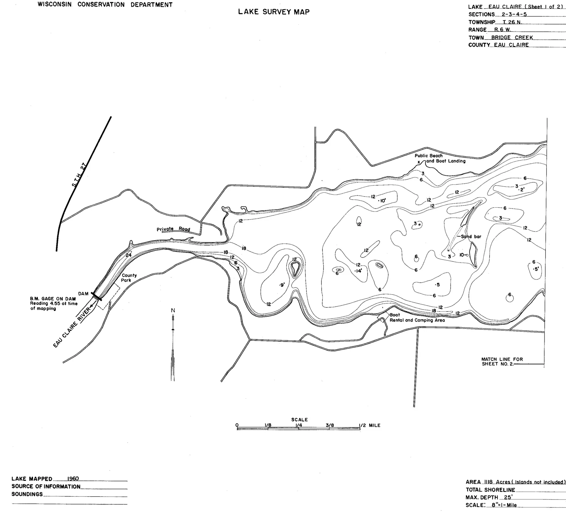 DNR survey map of Eau Claire Lake, sheet 2 of 3, with depths in feet. Tap to zoom.
