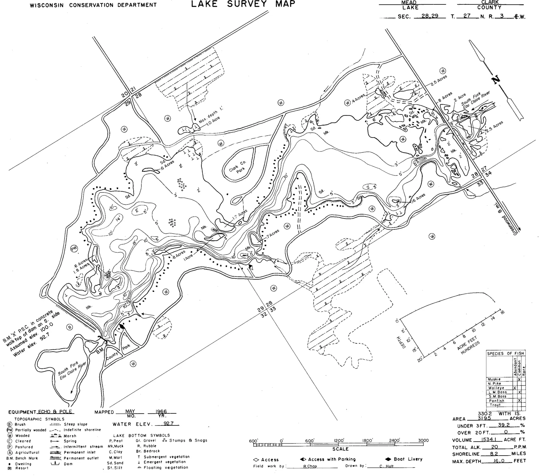 DNR survey map of Mead Lake, with depths in feet. Tap to zoom.