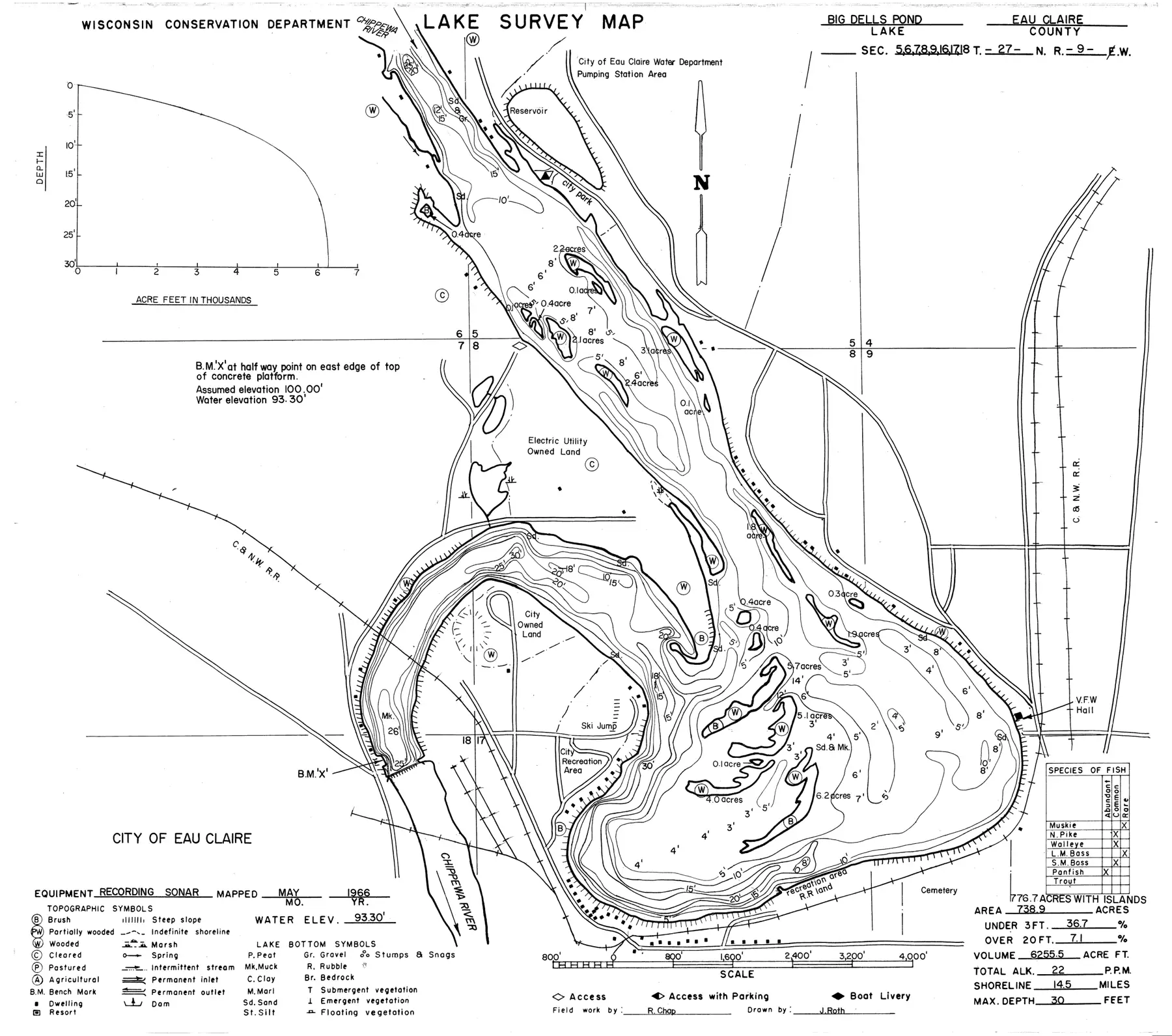 DNR survey map of Dells Pond, with depths in feet. Tap to zoom.