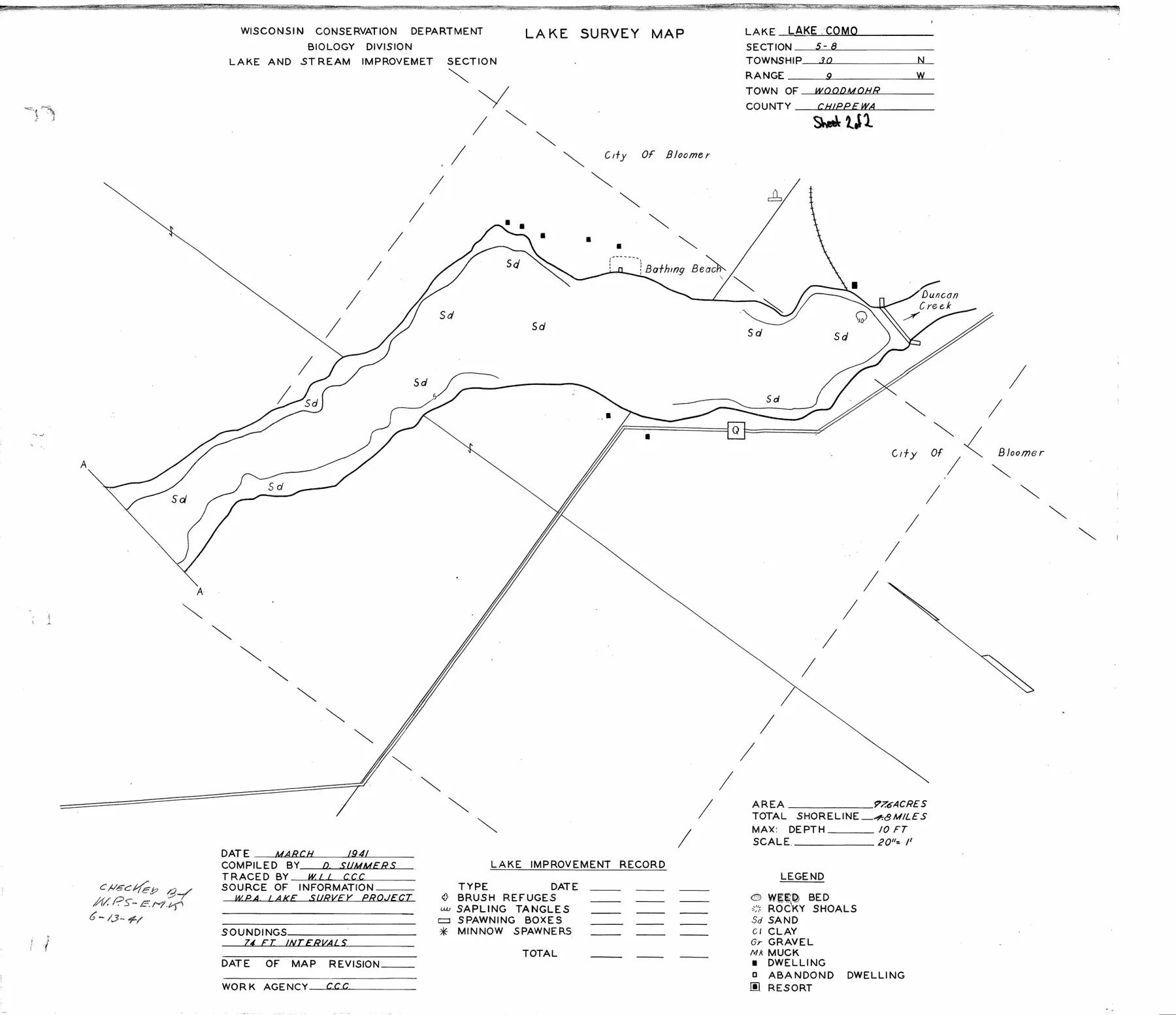 DNR survey map of Como Lake (Bloomer Mill Pond), sheet 2 of 2, with depths in feet. Tap to zoom.