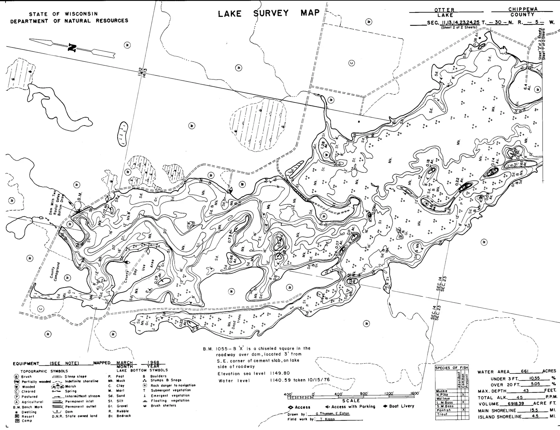 DNR survey map of Otter Lake (Brown), sheet 2 of 2, with depths in feet. Tap to zoom.